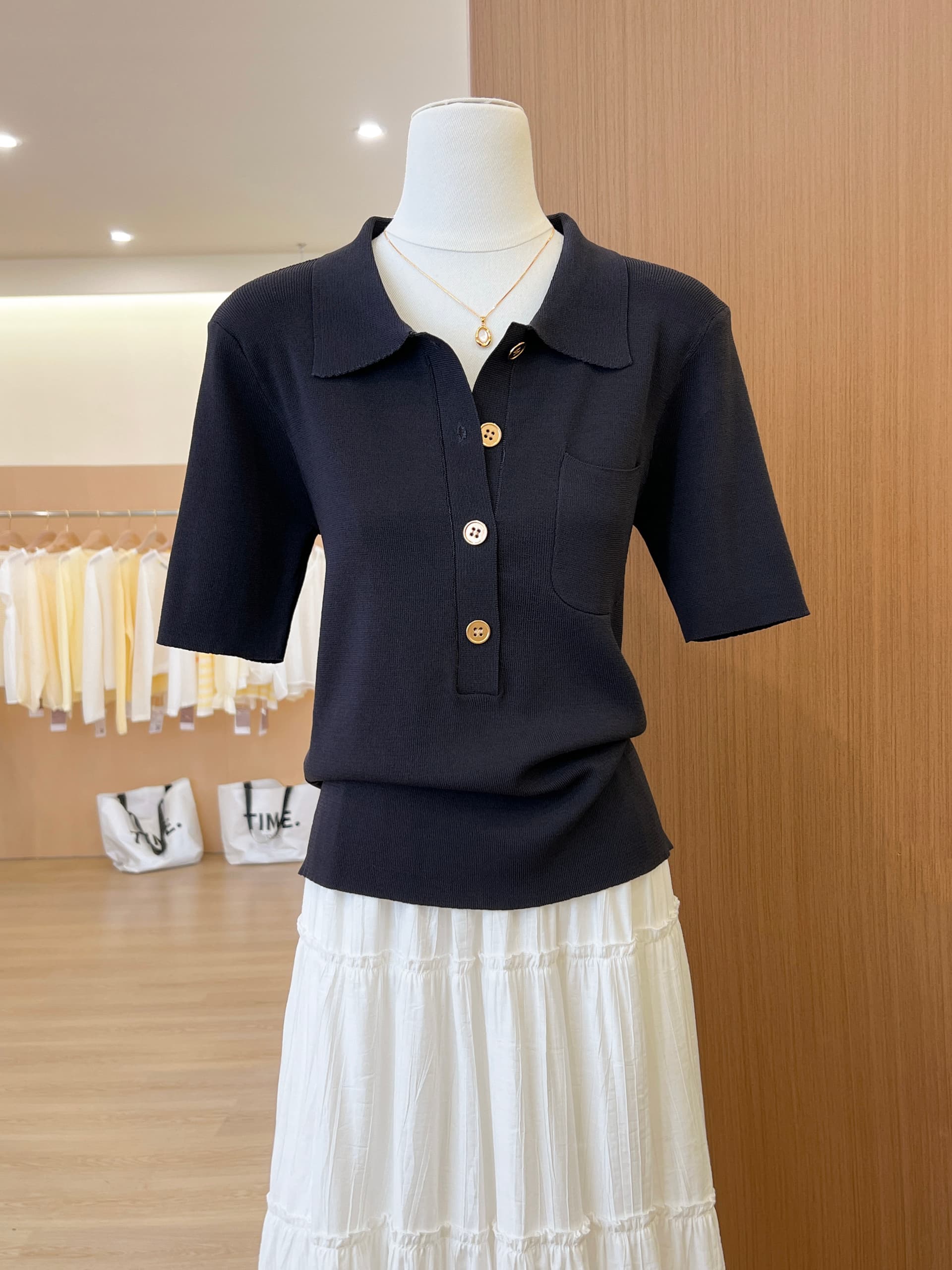 실사 프랑스식 POLO 칼라 파란색 니트 반팔 티셔츠 여성 여름 고급 센스 품격 몸매 가꾸기 슬림해 보이는 맨위 상세 이미지 16