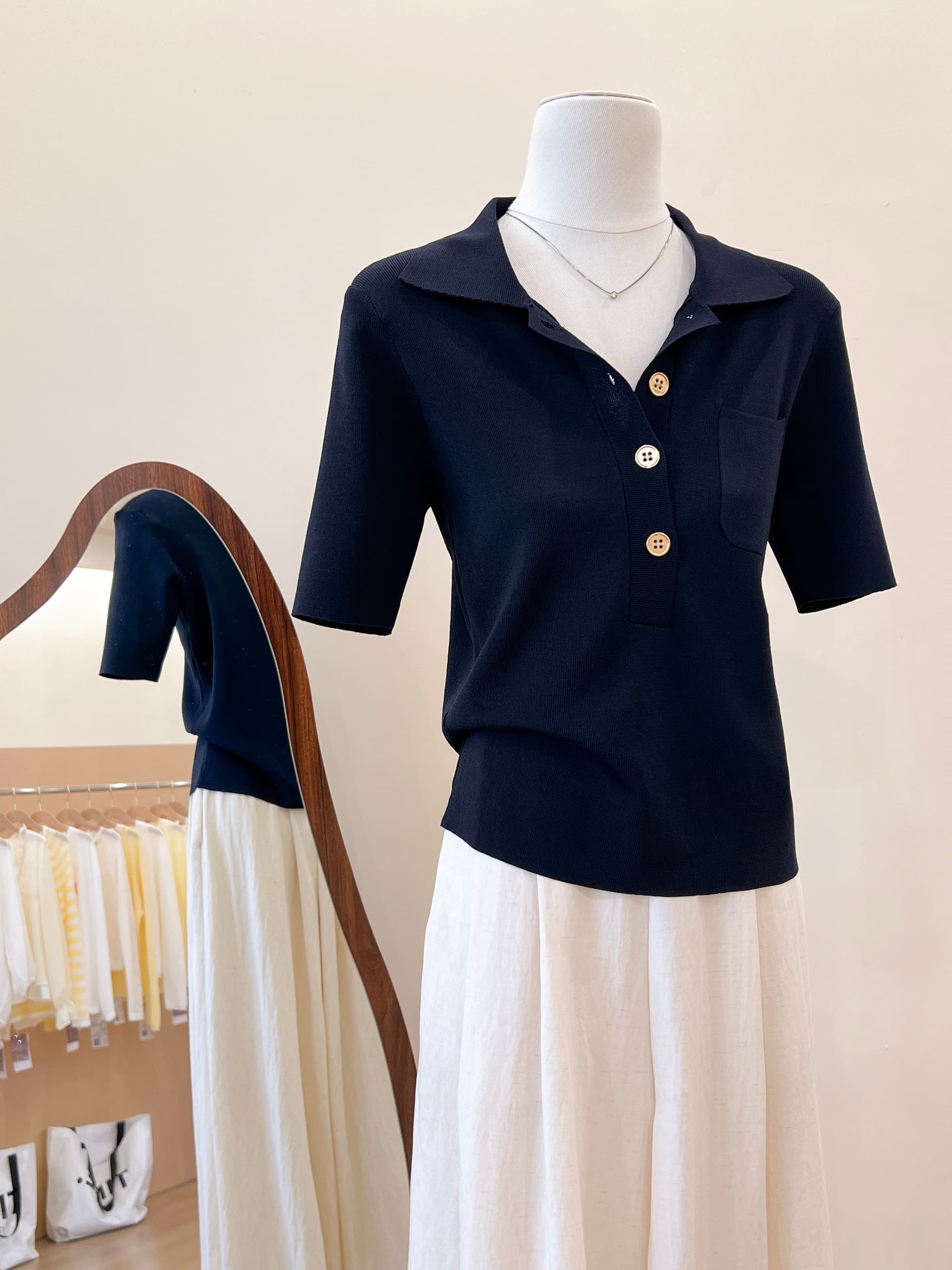 실사 프랑스식 POLO 칼라 파란색 니트 반팔 티셔츠 여성 여름 고급 센스 품격 몸매 가꾸기 슬림해 보이는 맨위 상세 이미지 18