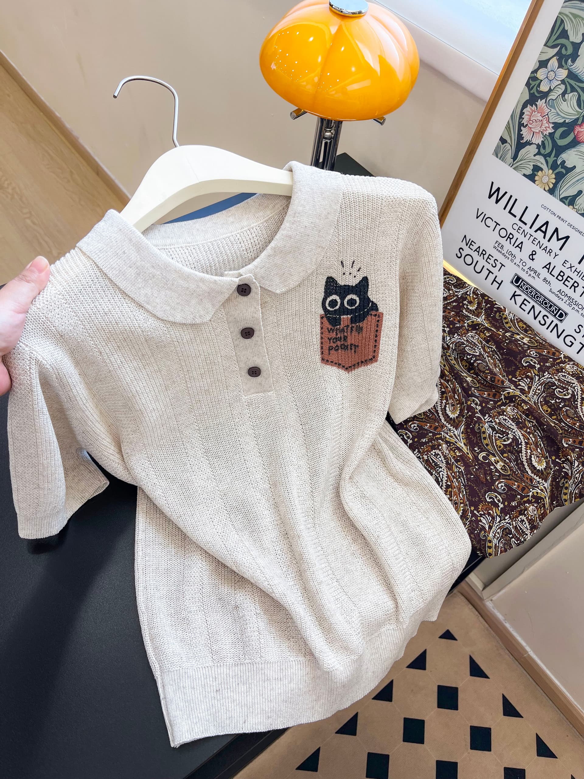 실사 일본식 폴로 칼라 자수 반팔 여성 여름 고급 센스 자이언트 잘 생긴 루즈핏 슬림해 보이는 POLO 셔츠 맨위 상세 이미지 3