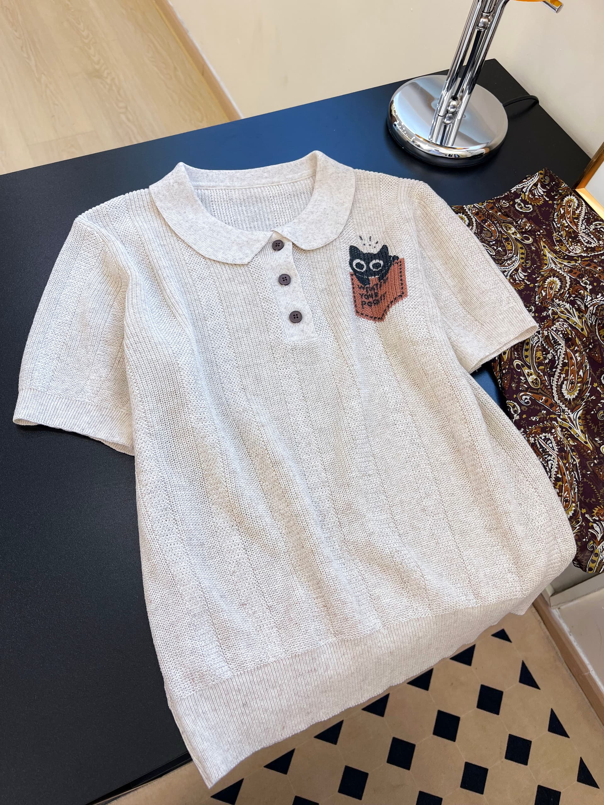 실사 일본식 폴로 칼라 자수 반팔 여성 여름 고급 센스 자이언트 잘 생긴 루즈핏 슬림해 보이는 POLO 셔츠 맨위 상세 이미지 12