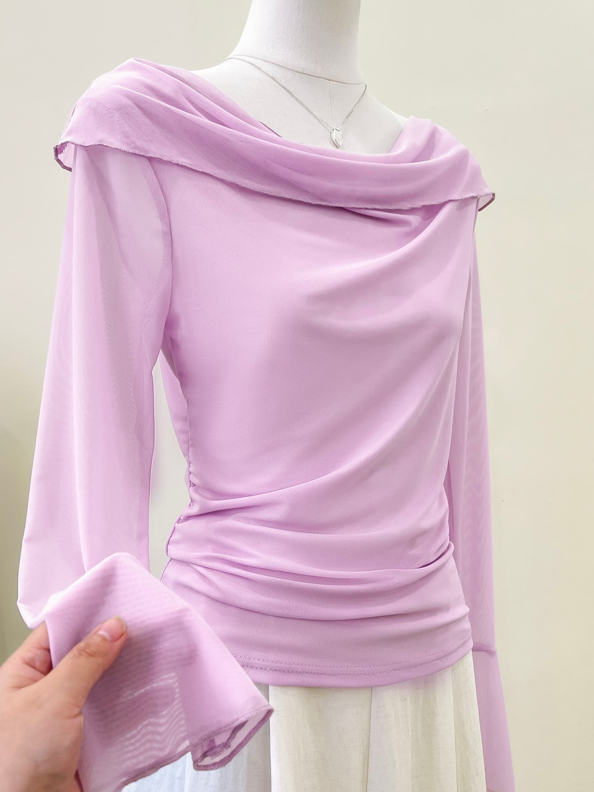 실사 가스 질감 화이트 흔들다 칼라 주름 허리 수축 긴팔 맨위 여성 다용도 슬림해 보이는 패션 세련된 여름 상세 이미지 5