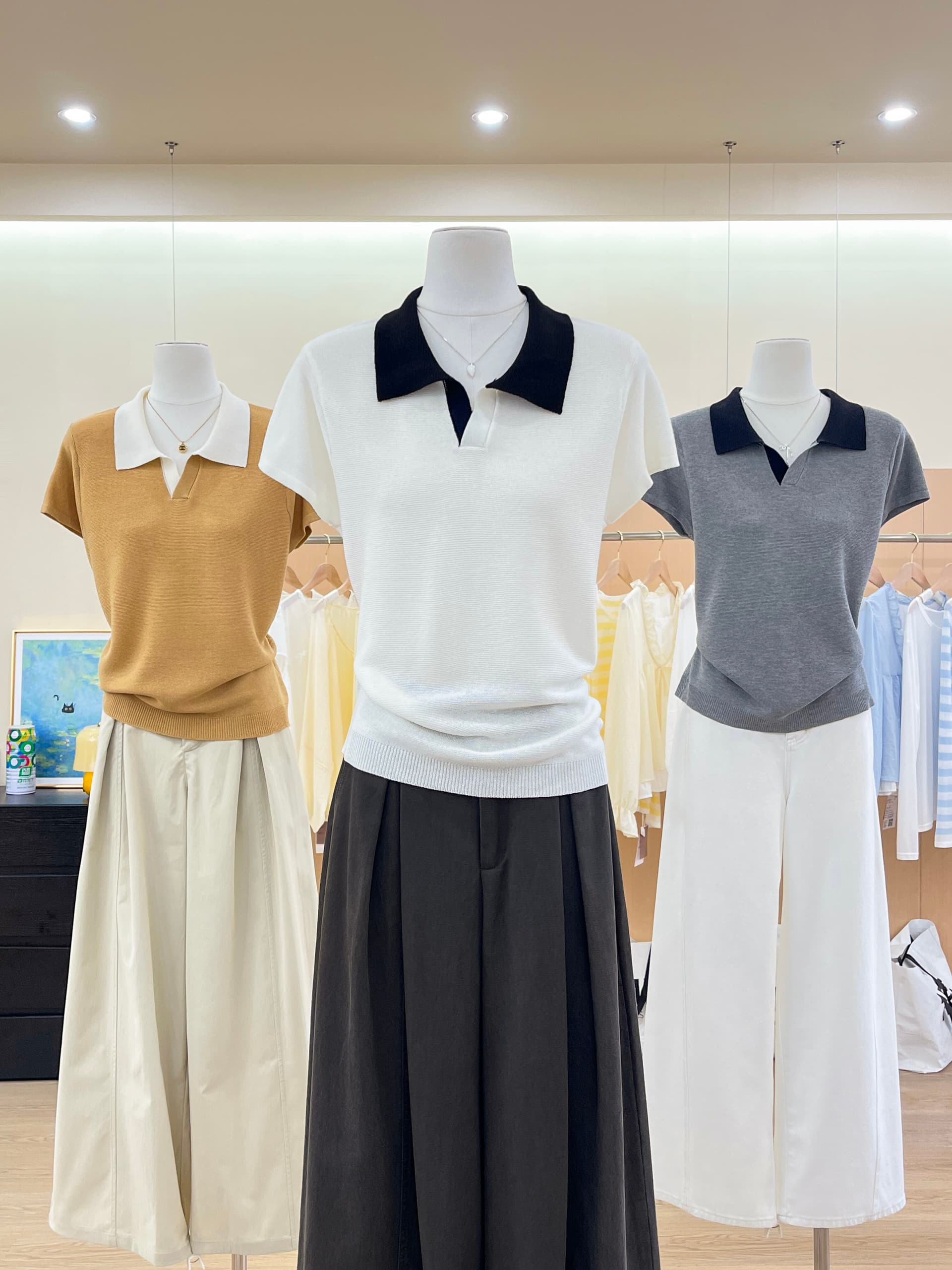 실사 한 부서 배색 패치워크 POLO 칼라 니트 반팔 티셔츠 여성 여름 품격 분위기 센스 긍정적 인 어깨 의류 상세 이미지 3
