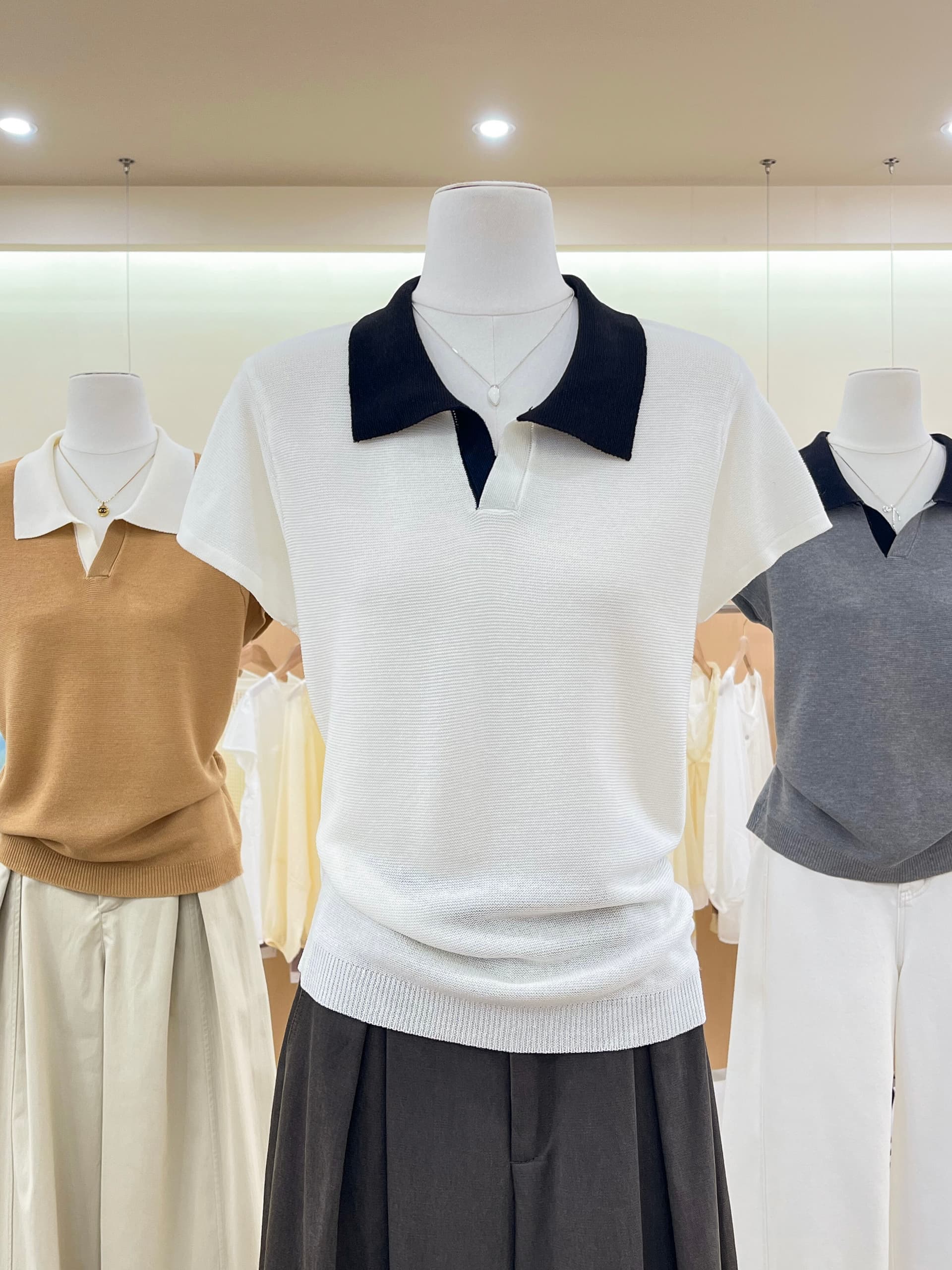 실사 한 부서 배색 패치워크 POLO 칼라 니트 반팔 티셔츠 여성 여름 품격 분위기 센스 긍정적 인 어깨 의류 상세 이미지 4