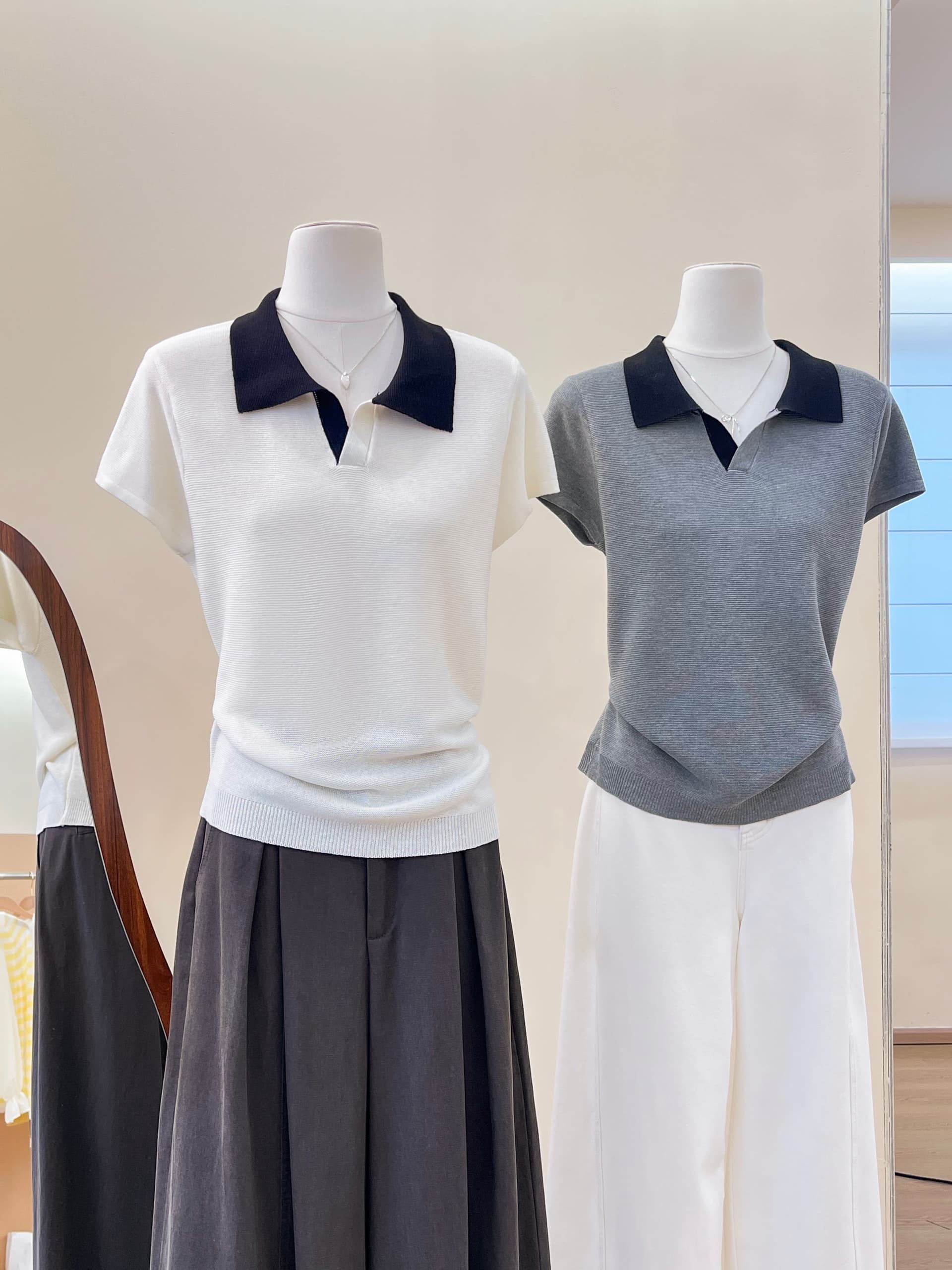 실사 한 부서 배색 패치워크 POLO 칼라 니트 반팔 티셔츠 여성 여름 품격 분위기 센스 긍정적 인 어깨 의류 상세 이미지 5