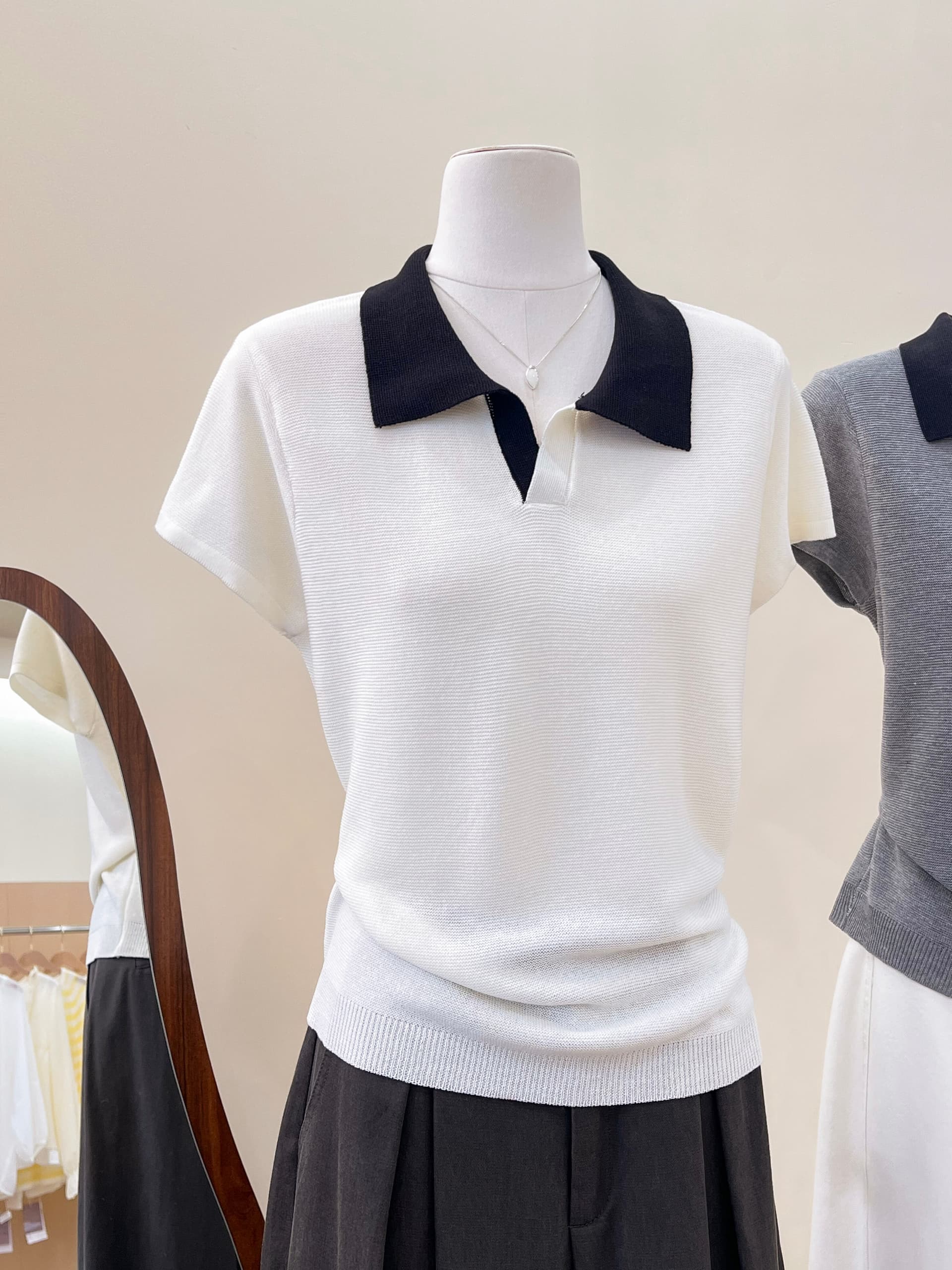실사 한 부서 배색 패치워크 POLO 칼라 니트 반팔 티셔츠 여성 여름 품격 분위기 센스 긍정적 인 어깨 의류 상세 이미지 6