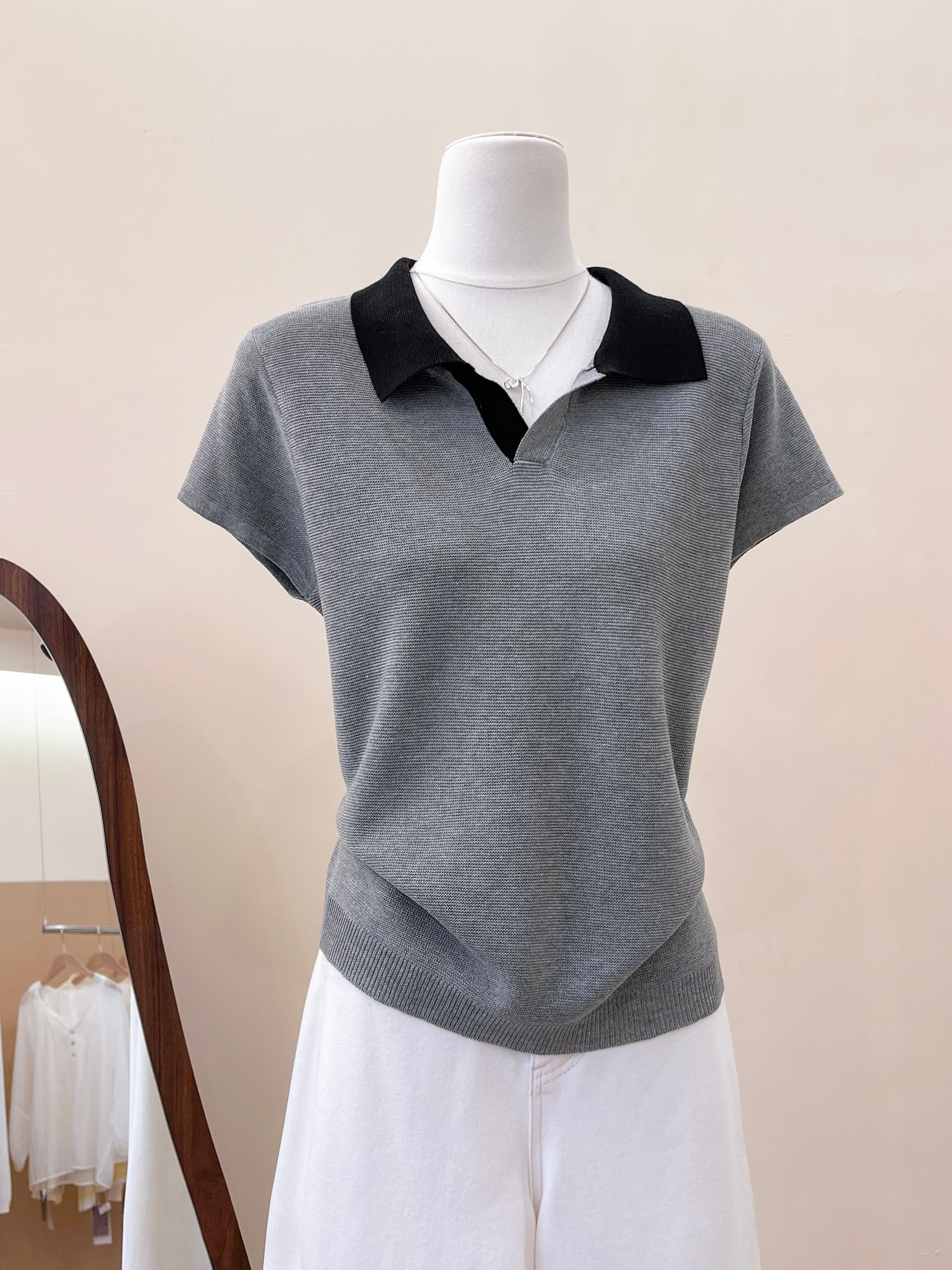 실사 한 부서 배색 패치워크 POLO 칼라 니트 반팔 티셔츠 여성 여름 품격 분위기 센스 긍정적 인 어깨 의류 상세 이미지 21