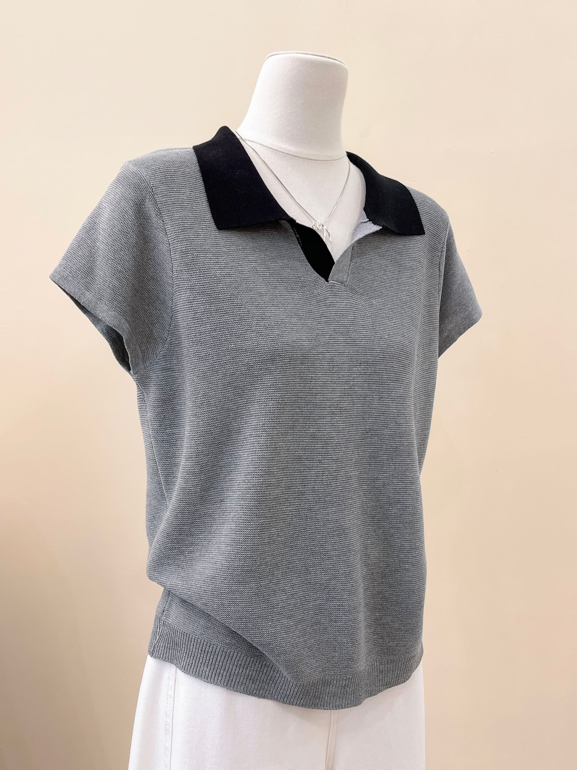실사 한 부서 배색 패치워크 POLO 칼라 니트 반팔 티셔츠 여성 여름 품격 분위기 센스 긍정적 인 어깨 의류 상세 이미지 22