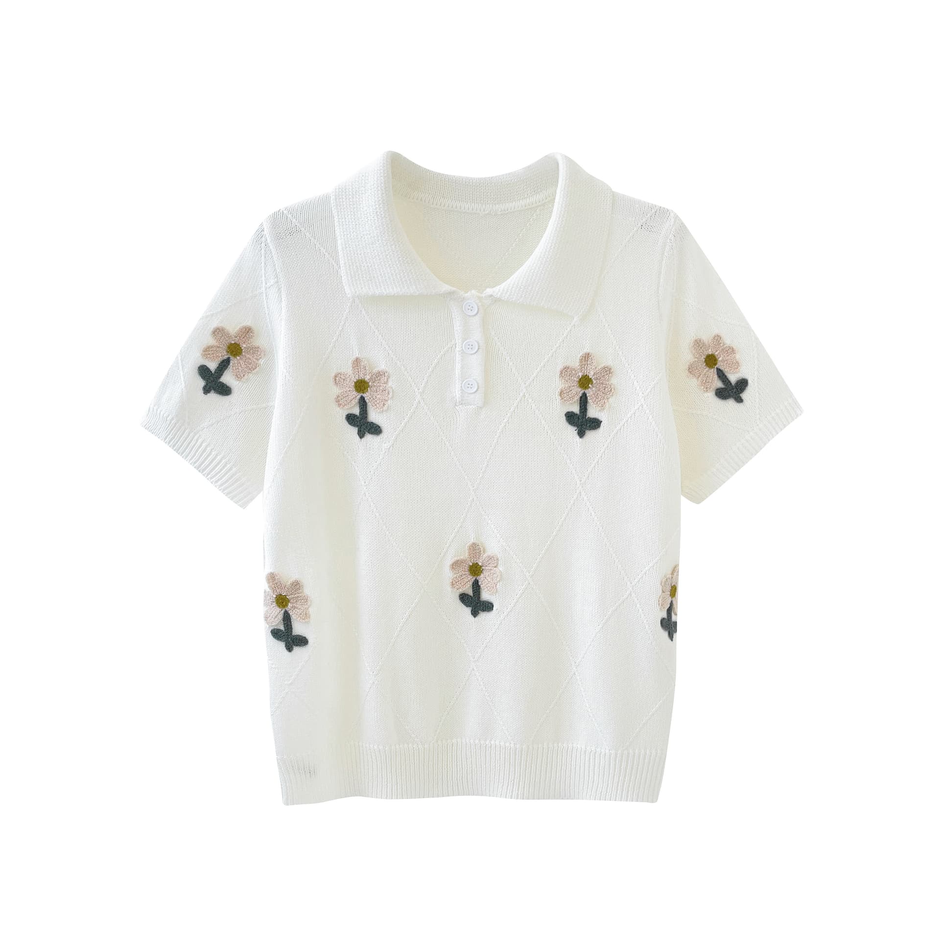 실사 무거운 작업 폴로 칼라 POLO 셔츠 화이트 3 차원 작은 꽃 자수 여름 반팔 니트 티셔츠 여성 의류 상세 이미지 2
