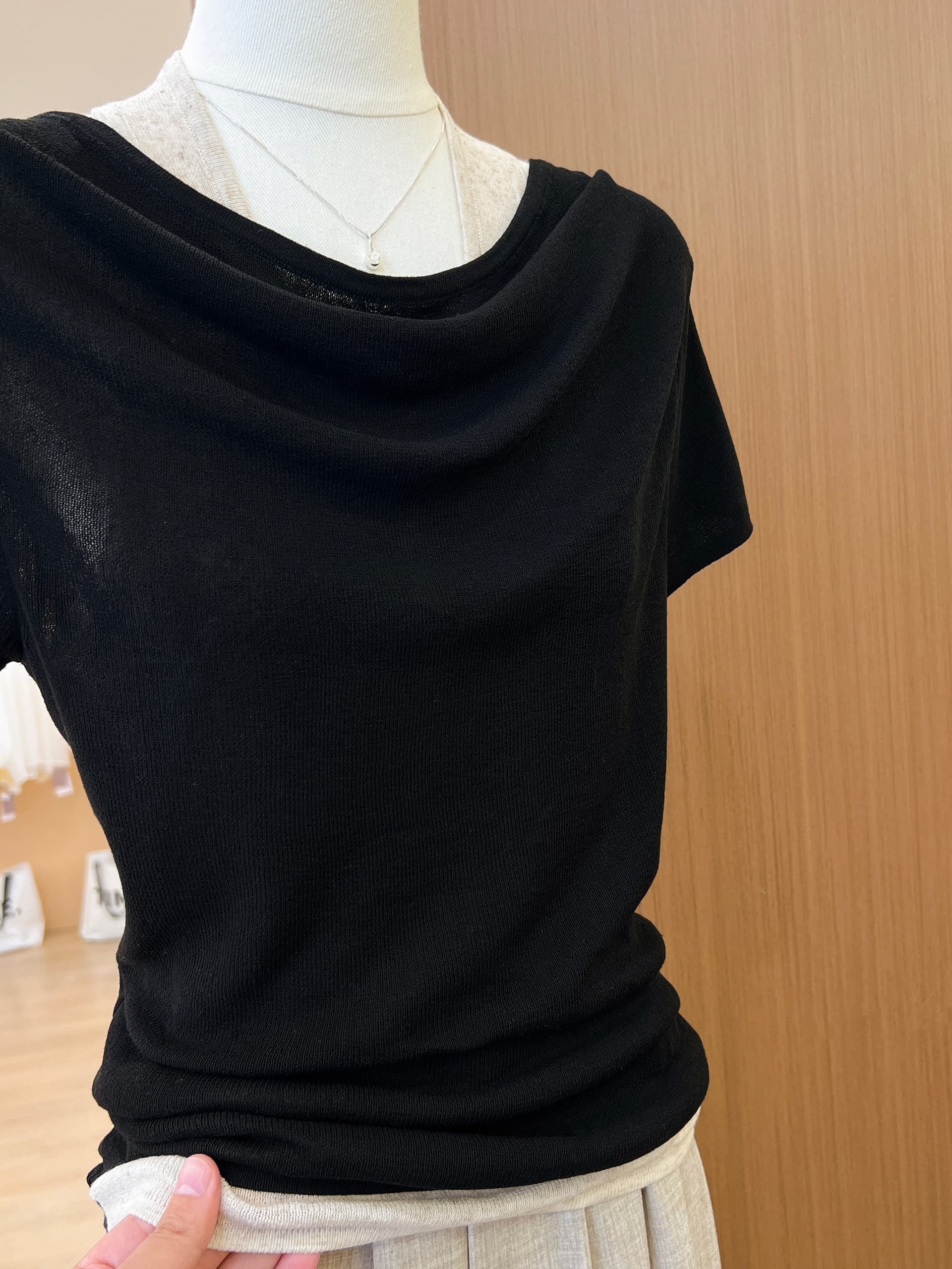실사 한 부서 chic 검정색 오프숄더 행침 목 반팔 티셔츠 여성 여름 페이크 레이어드 맨위 상세 이미지 8