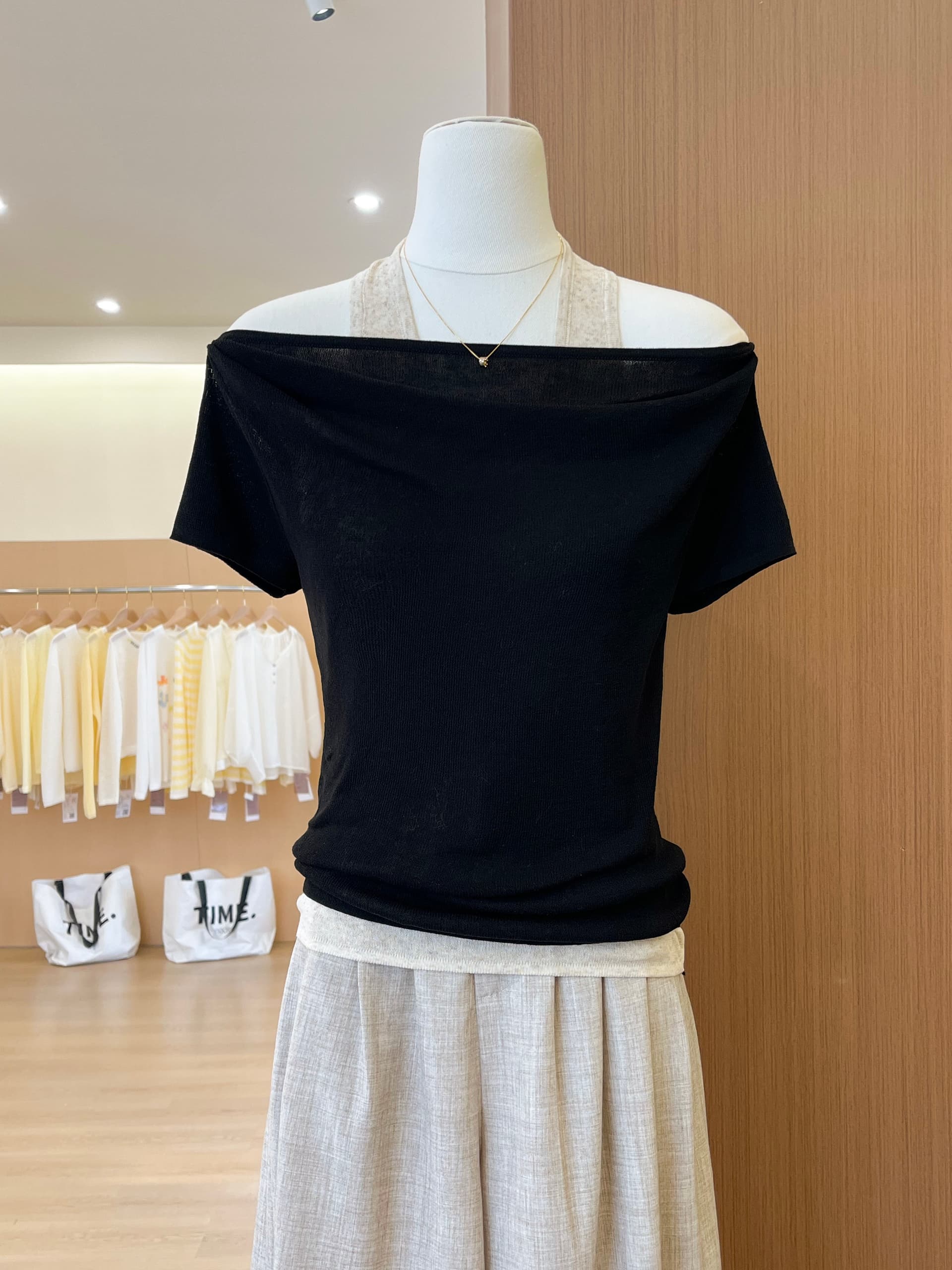실사 한 부서 chic 검정색 오프숄더 행침 목 반팔 티셔츠 여성 여름 페이크 레이어드 맨위 상세 이미지 12