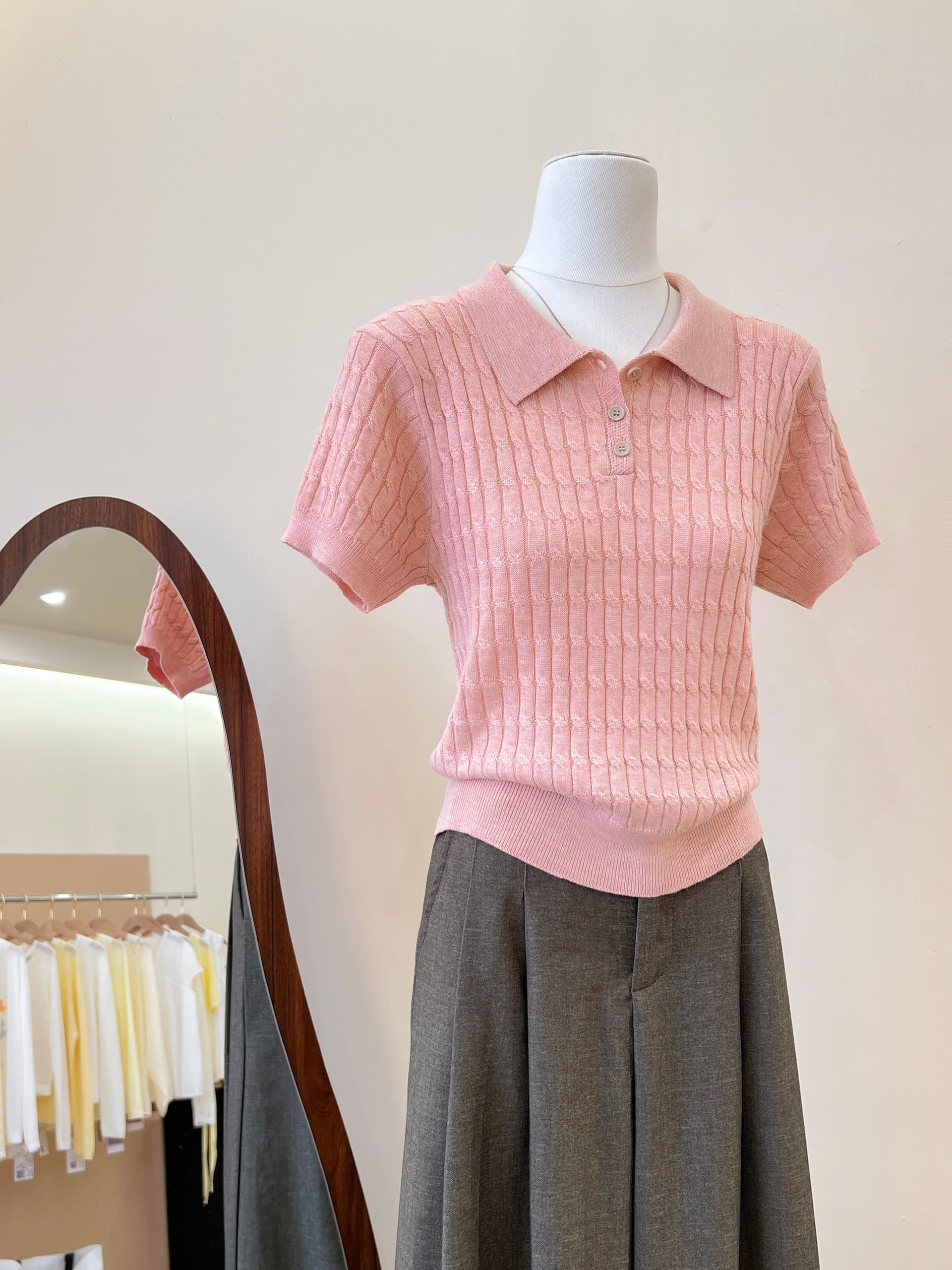 실사 한 부서 웨스트 포 멜로 분말 POLO 칼라 니트 반팔 티셔츠 여성 여름 고급 센스 품격 폴로 칼라 맨위 상세 이미지 15