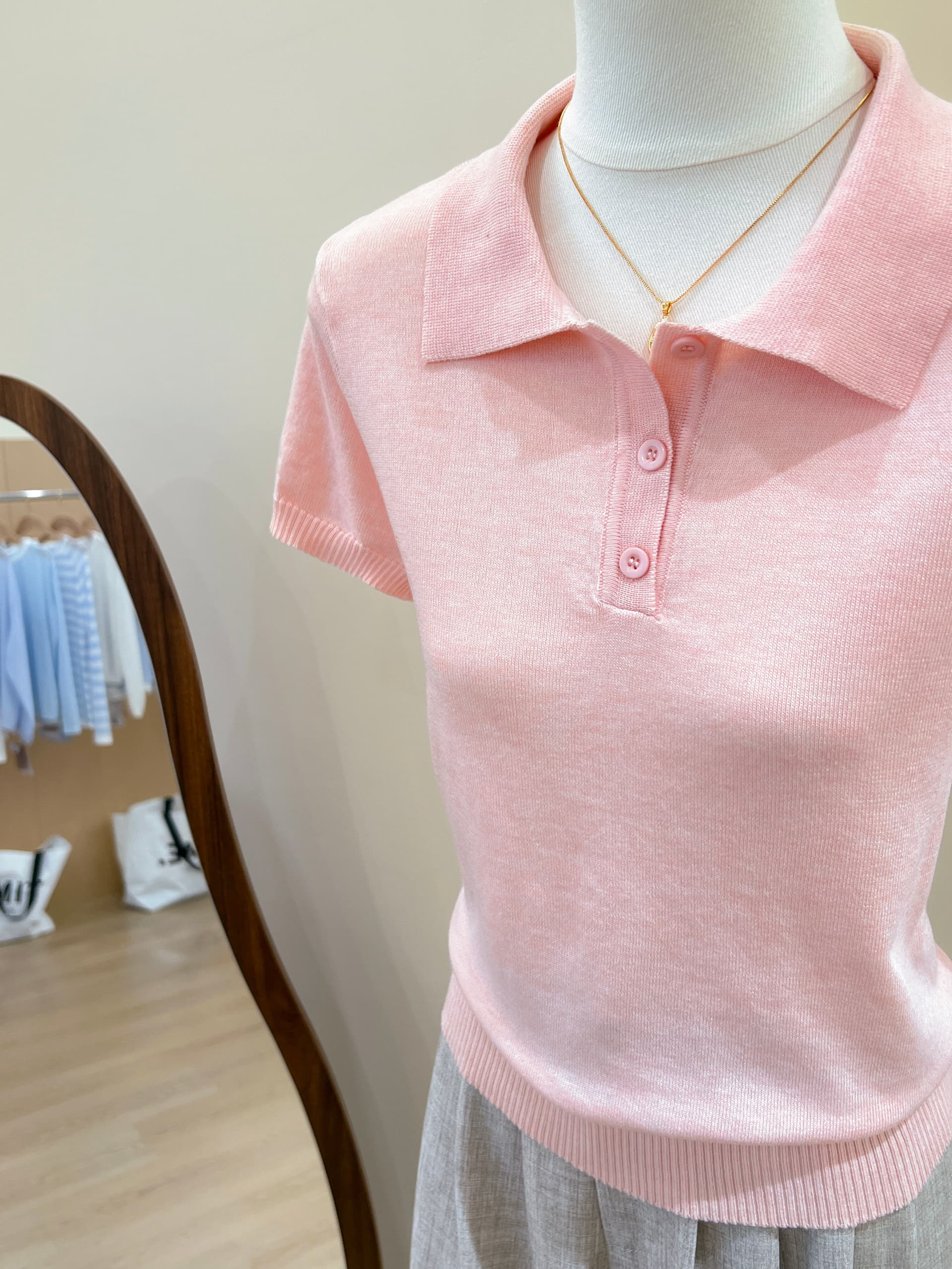 실사 한 부서 착용 가져 가라. POLO 칼라 반팔 니트 티셔츠 여성 여름 몸매 가꾸기 슬림해 보이는 품격 긍정적 인 어깨 의류 상세 이미지 5