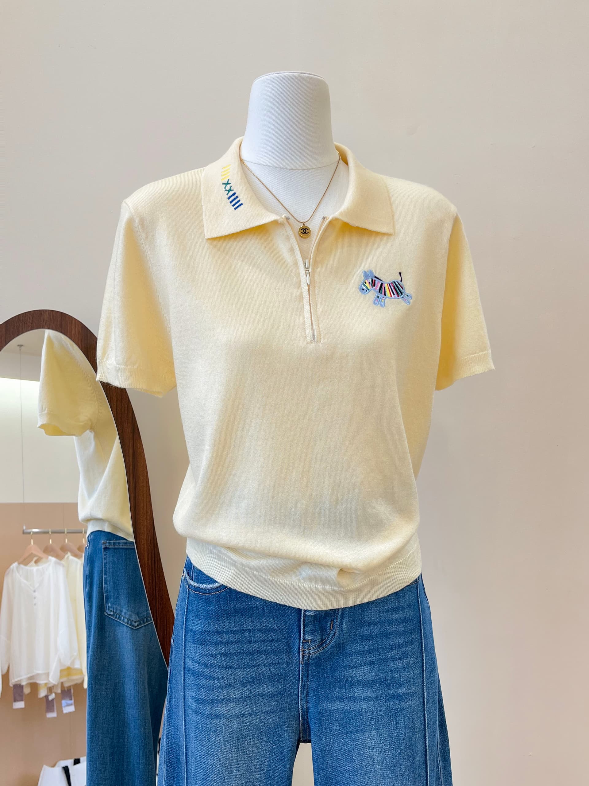 실사 작은 말 자수 니트 반팔 티셔츠 여성 여름 한 부서 고유 한 Chic 캐주얼 다용도 POLO 셔츠 맨위 상세 이미지 9