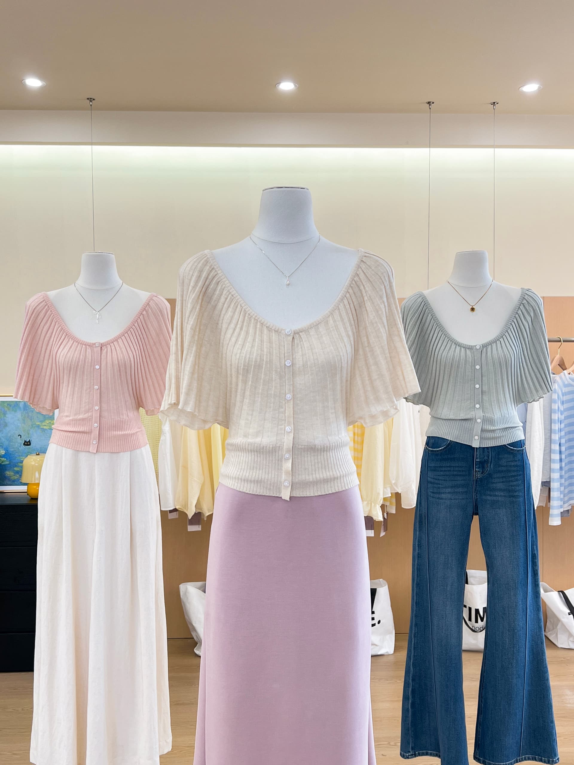 실사 한 부서 장기 Pleat 라운드 넥 니트 오픈 가디건 여성 여름 품격 허리 수축 반팔 티셔츠 캐주얼 배트윙 소매 맨위 상세 이미지 3