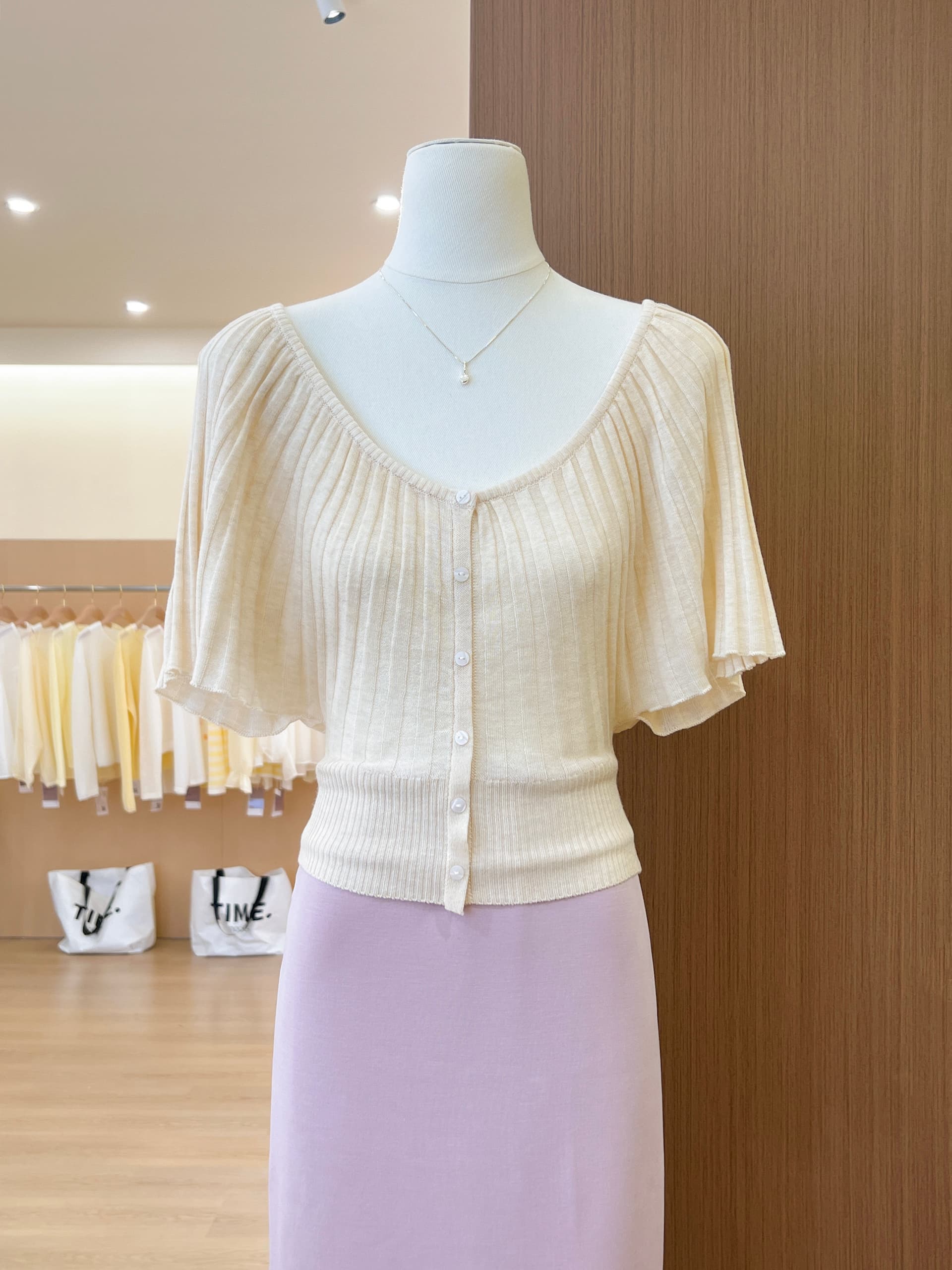 실사 한 부서 장기 Pleat 라운드 넥 니트 오픈 가디건 여성 여름 품격 허리 수축 반팔 티셔츠 캐주얼 배트윙 소매 맨위 상세 이미지 7