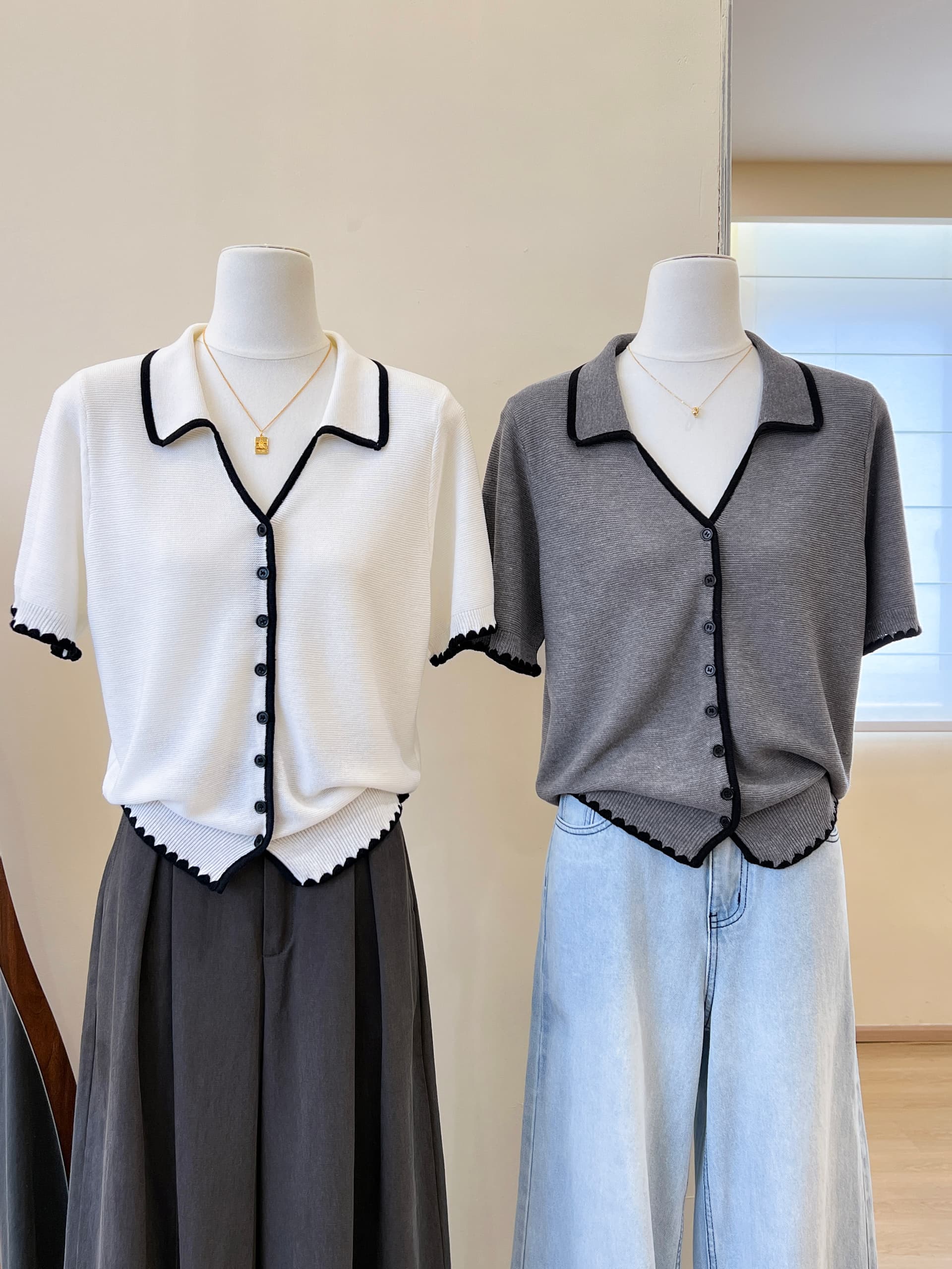 실사 한 부서 POLO 칼라 회색 반팔 얼음 실크 니트 오픈 가디건 여성 여름 다용도 고유 한 맨위 상세 이미지 3