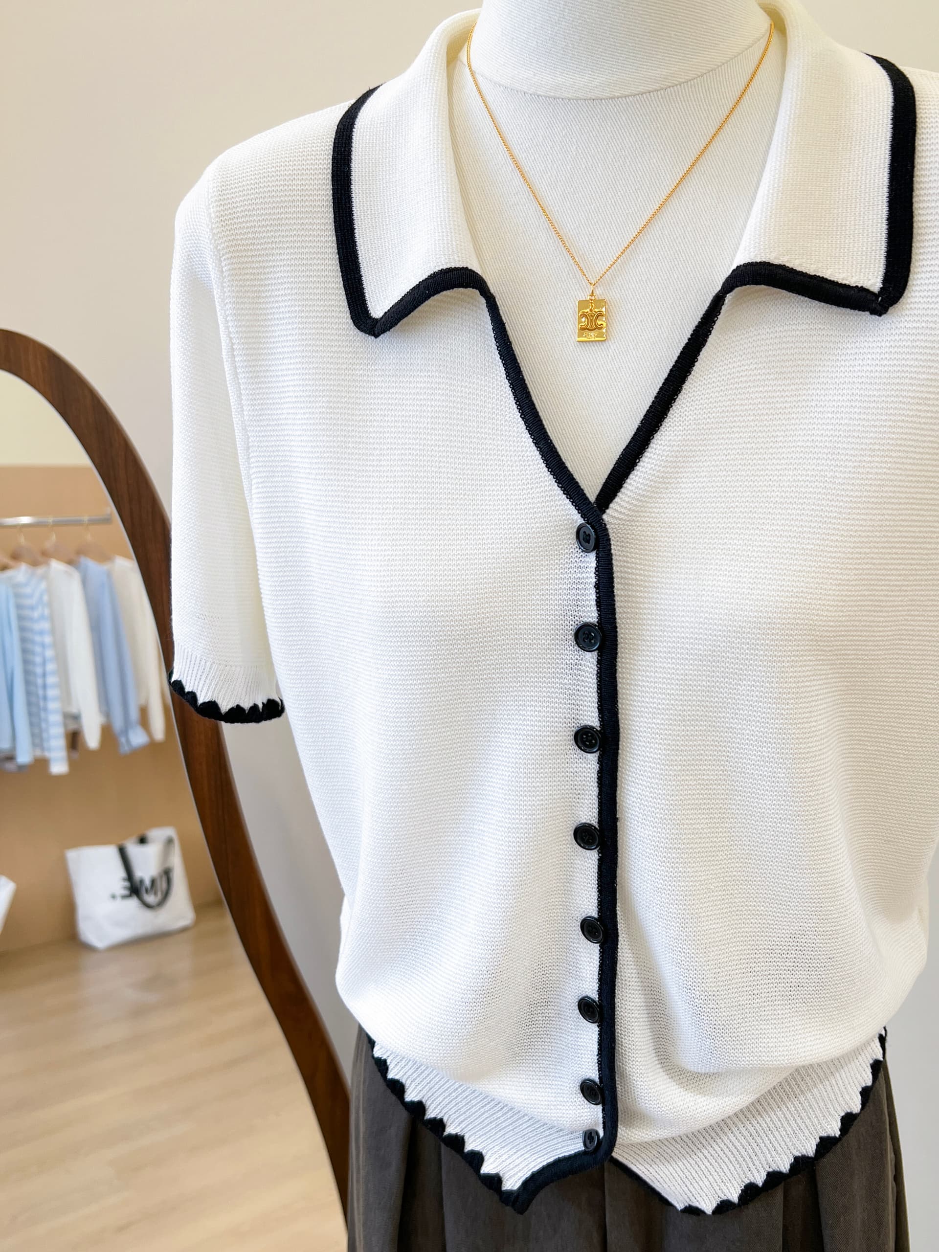 실사 한 부서 POLO 칼라 회색 반팔 얼음 실크 니트 오픈 가디건 여성 여름 다용도 고유 한 맨위 상세 이미지 5