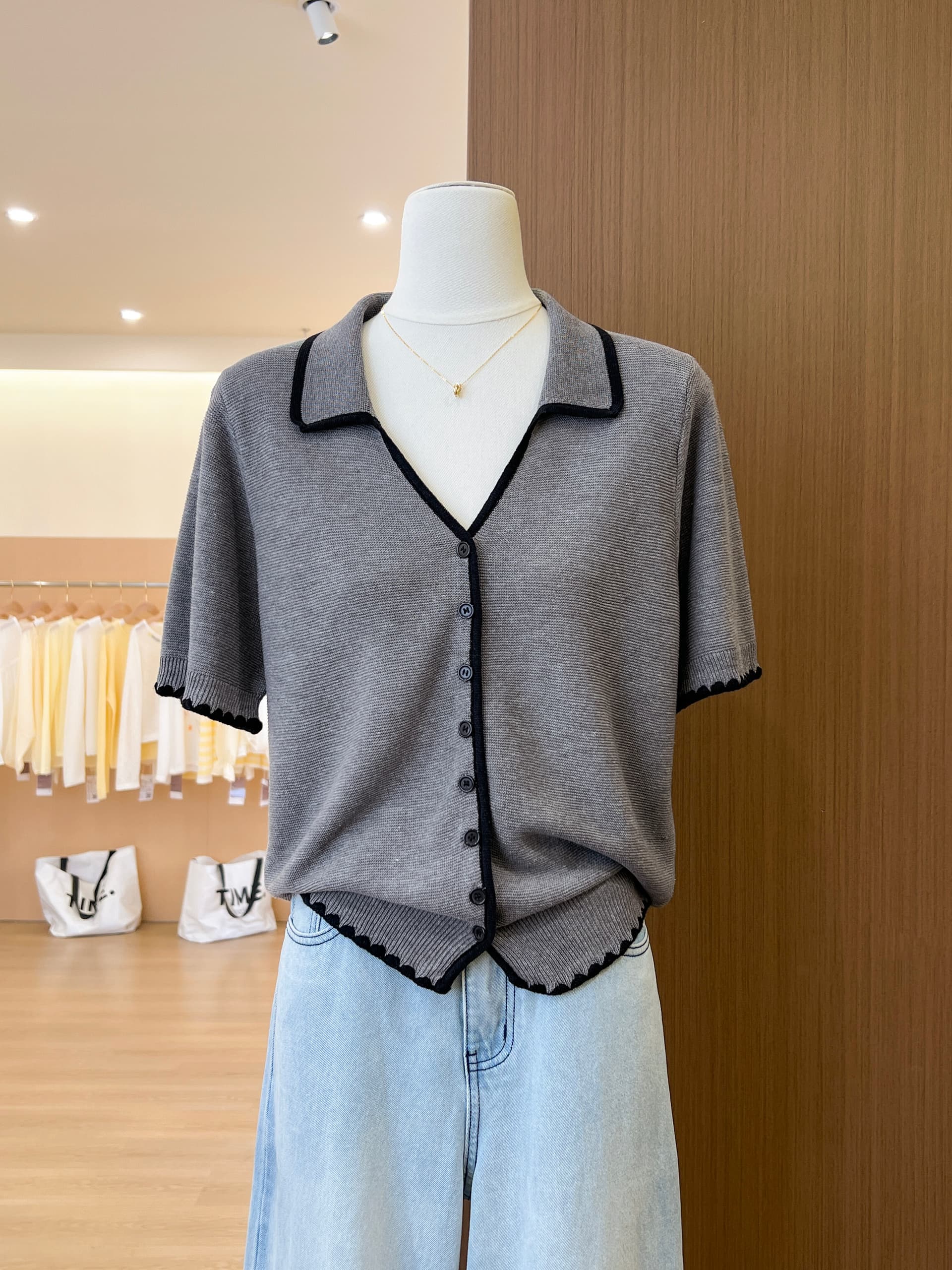 실사 한 부서 POLO 칼라 회색 반팔 얼음 실크 니트 오픈 가디건 여성 여름 다용도 고유 한 맨위 상세 이미지 12