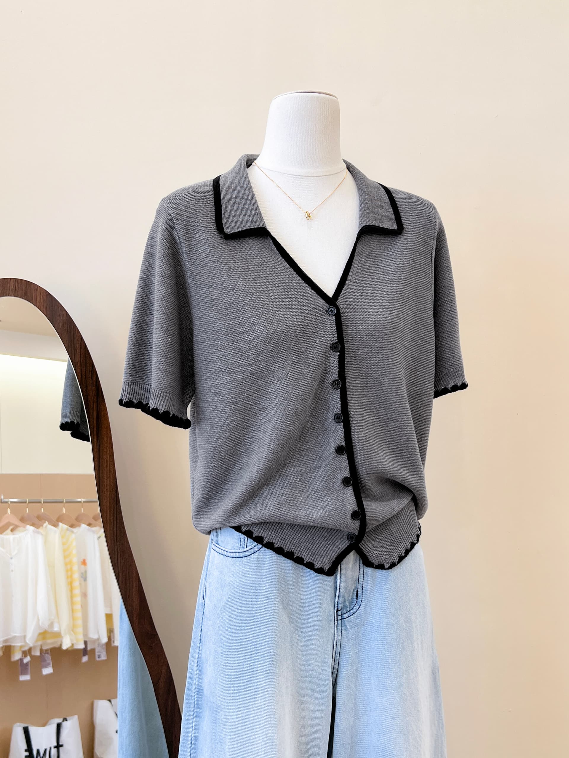 실사 한 부서 POLO 칼라 회색 반팔 얼음 실크 니트 오픈 가디건 여성 여름 다용도 고유 한 맨위 상세 이미지 13