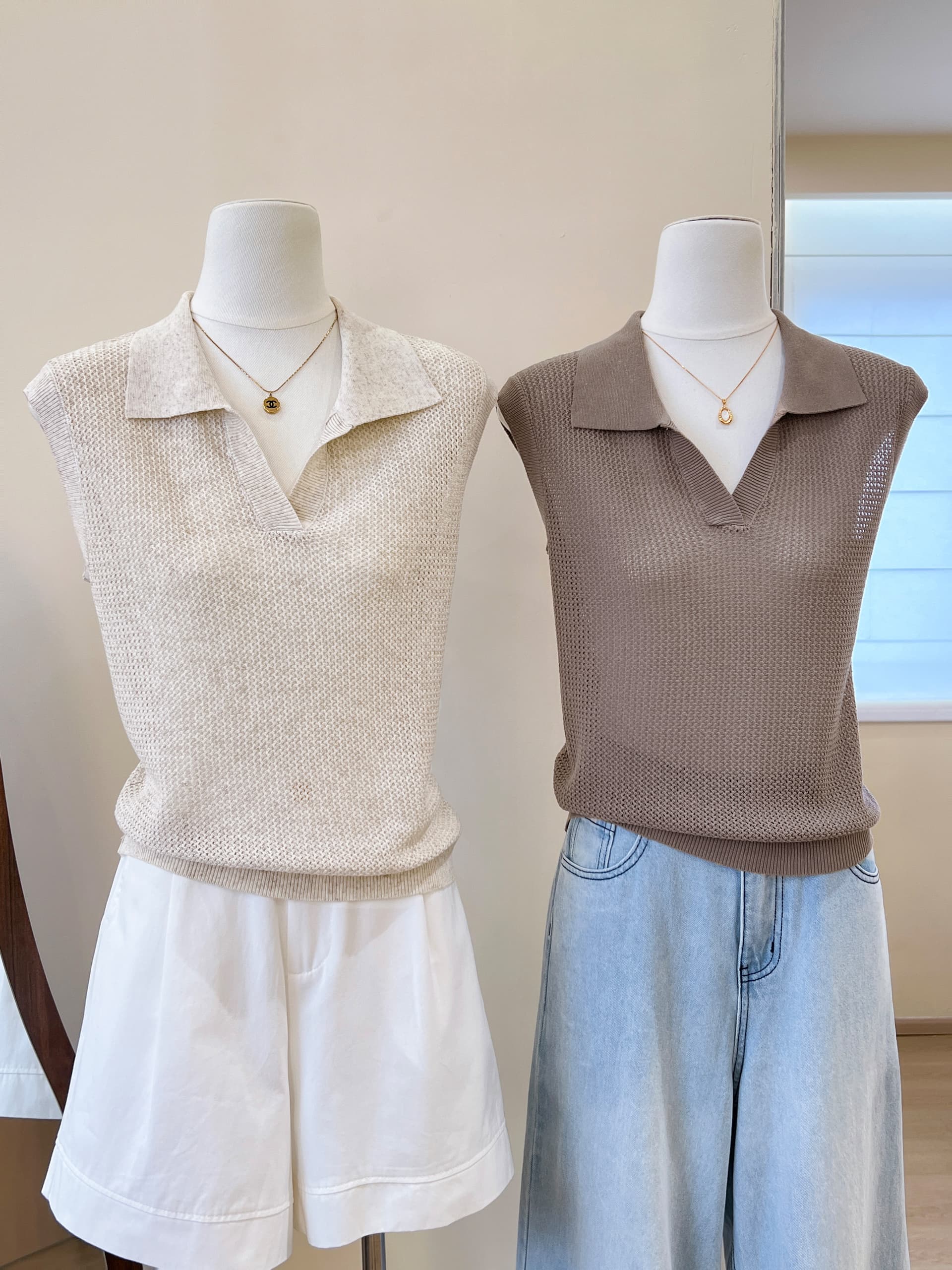 실사 POLO 칼라 홀로우 아웃 조끼 티셔츠 여성 여름 오래된 돈 바람 느긋한 루즈핏 미니멀리즘 어깨 V넥 민소매 맨위 상세 이미지 11