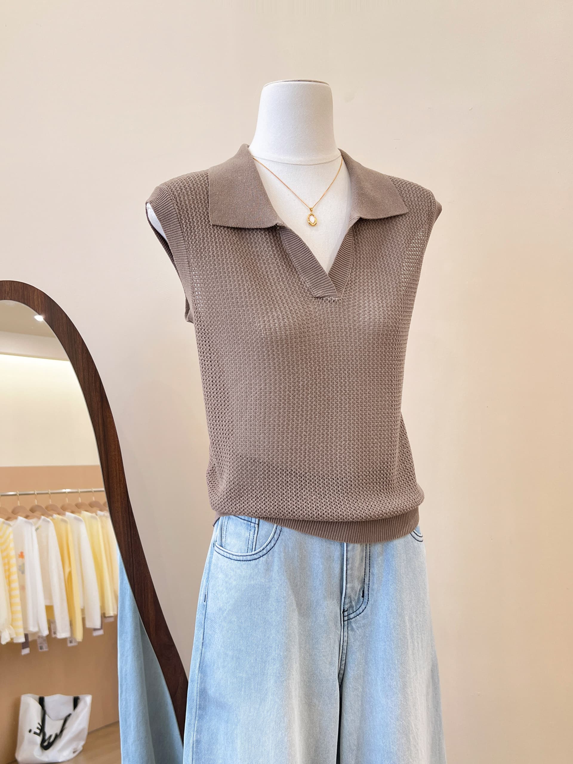 실사 POLO 칼라 홀로우 아웃 조끼 티셔츠 여성 여름 오래된 돈 바람 느긋한 루즈핏 미니멀리즘 어깨 V넥 민소매 맨위 상세 이미지 20