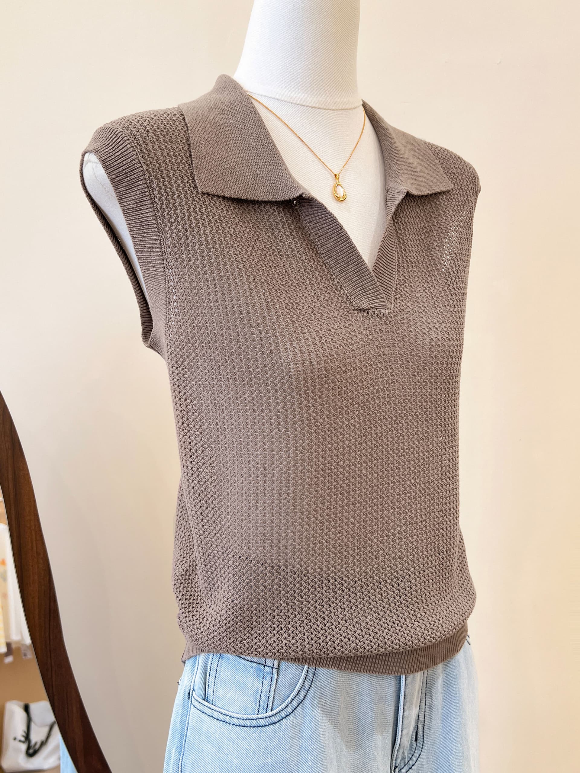 실사 POLO 칼라 홀로우 아웃 조끼 티셔츠 여성 여름 오래된 돈 바람 느긋한 루즈핏 미니멀리즘 어깨 V넥 민소매 맨위 상세 이미지 21