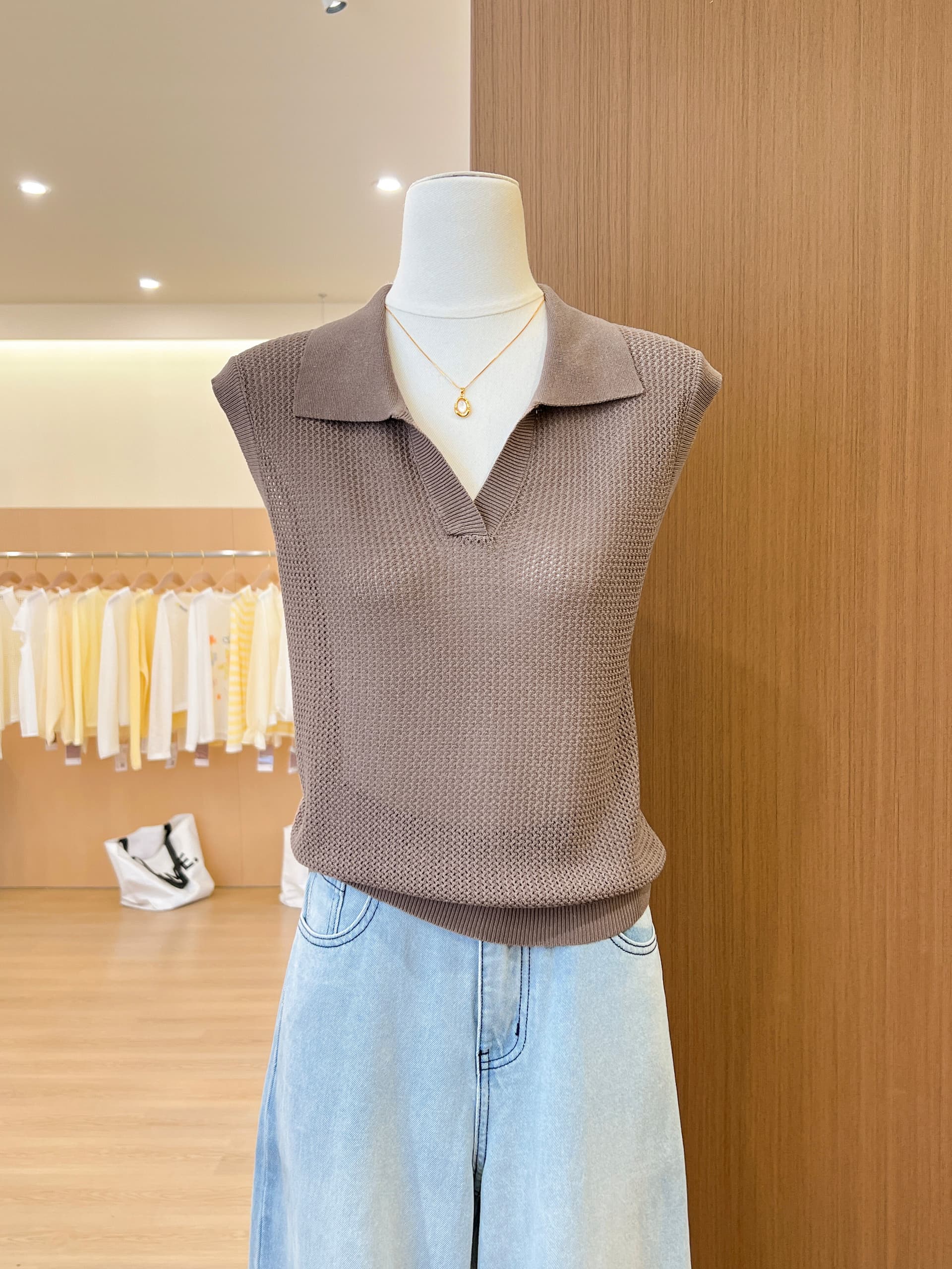 실사 POLO 칼라 홀로우 아웃 조끼 티셔츠 여성 여름 오래된 돈 바람 느긋한 루즈핏 미니멀리즘 어깨 V넥 민소매 맨위 상세 이미지 22