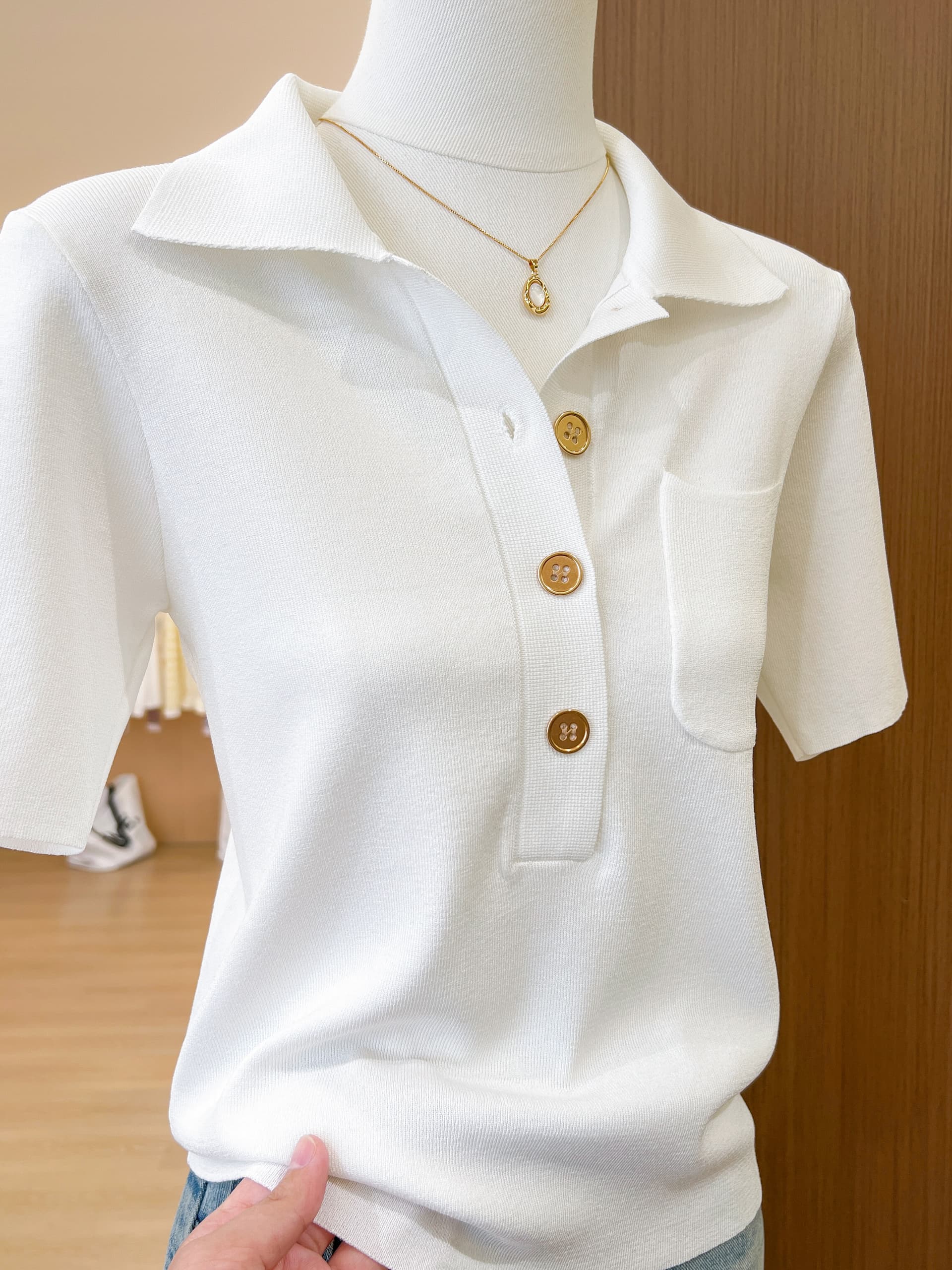 실사 프랑스식 POLO 칼라 파란색 니트 반팔 티셔츠 여성 여름 고급 센스 품격 몸매 가꾸기 슬림해 보이는 맨위 상세 이미지 3