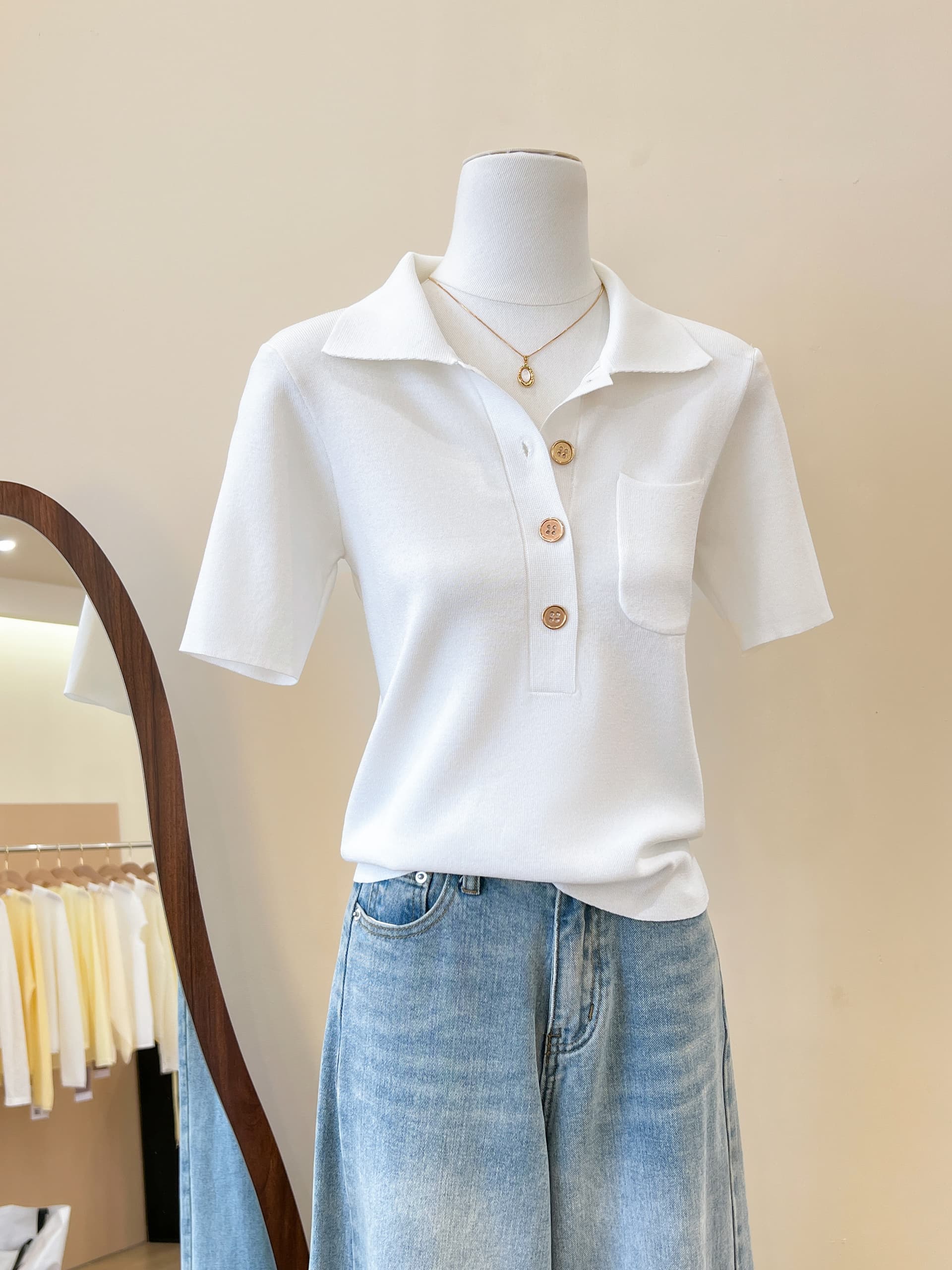실사 프랑스식 POLO 칼라 파란색 니트 반팔 티셔츠 여성 여름 고급 센스 품격 몸매 가꾸기 슬림해 보이는 맨위 상세 이미지 4