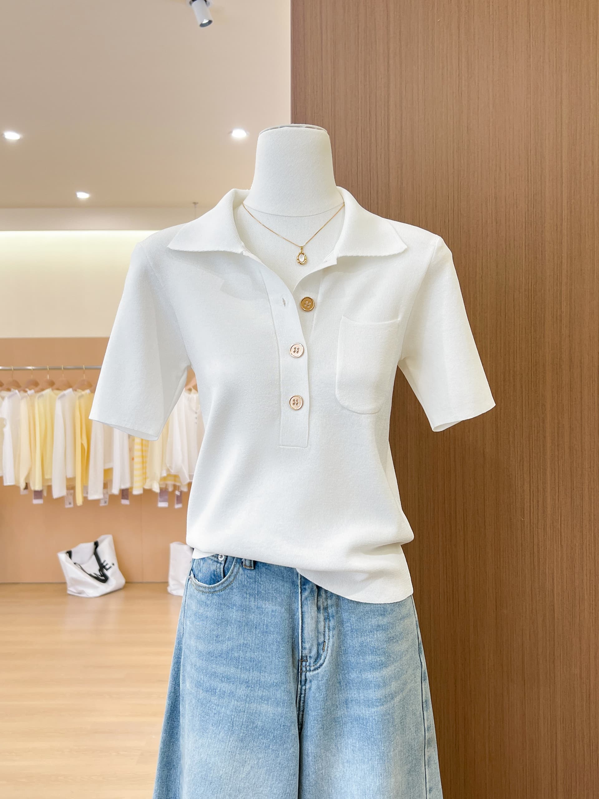 실사 프랑스식 POLO 칼라 파란색 니트 반팔 티셔츠 여성 여름 고급 센스 품격 몸매 가꾸기 슬림해 보이는 맨위 상세 이미지 5