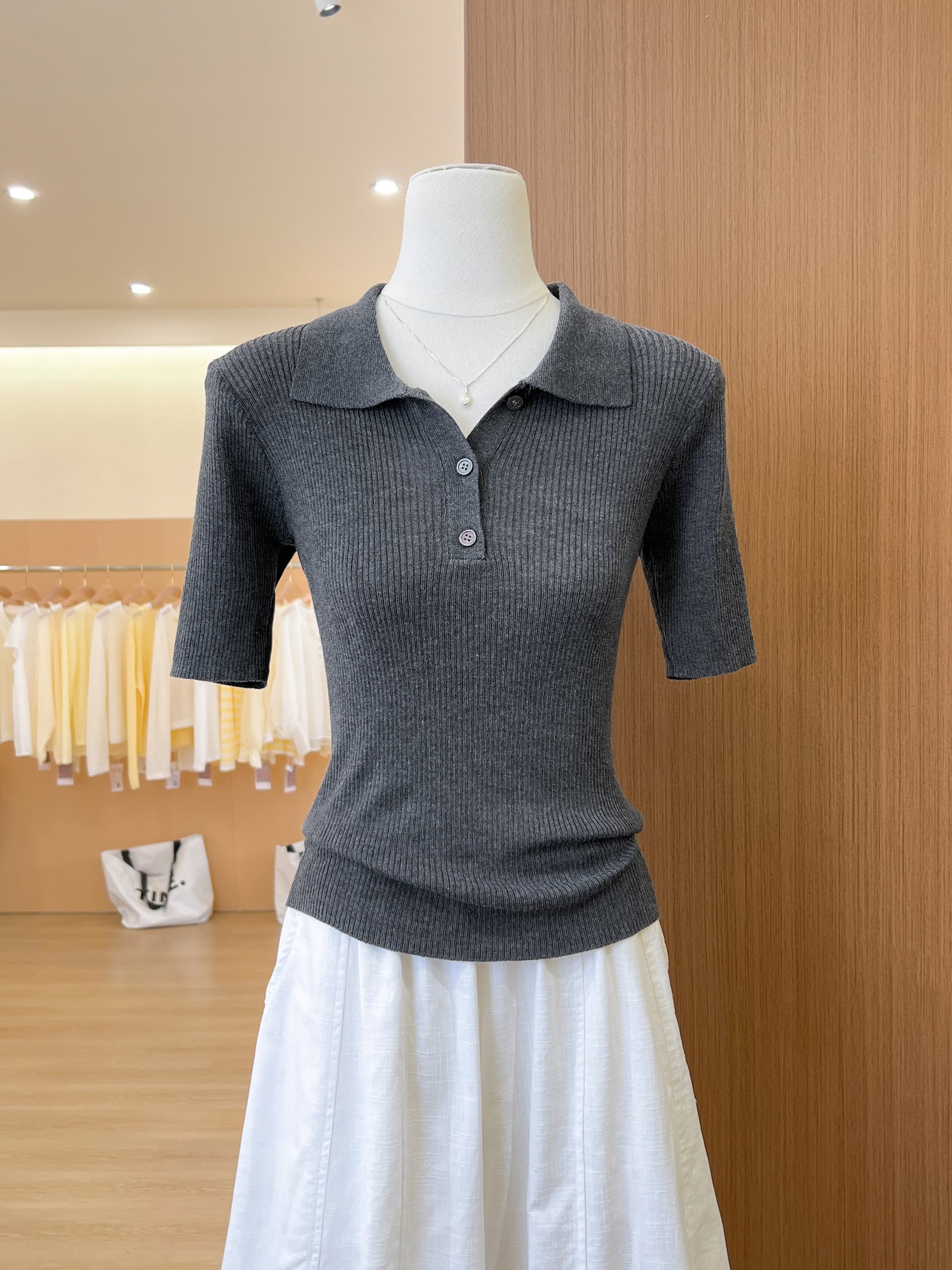 실사 복잡한 고대 돈 바람 커피 색상 POLO 칼라 구덩이 기사 니트 스웨터 티셔츠 여성 여름 캐주얼 다용도 폴로 칼라 맨위 상세 이미지 13