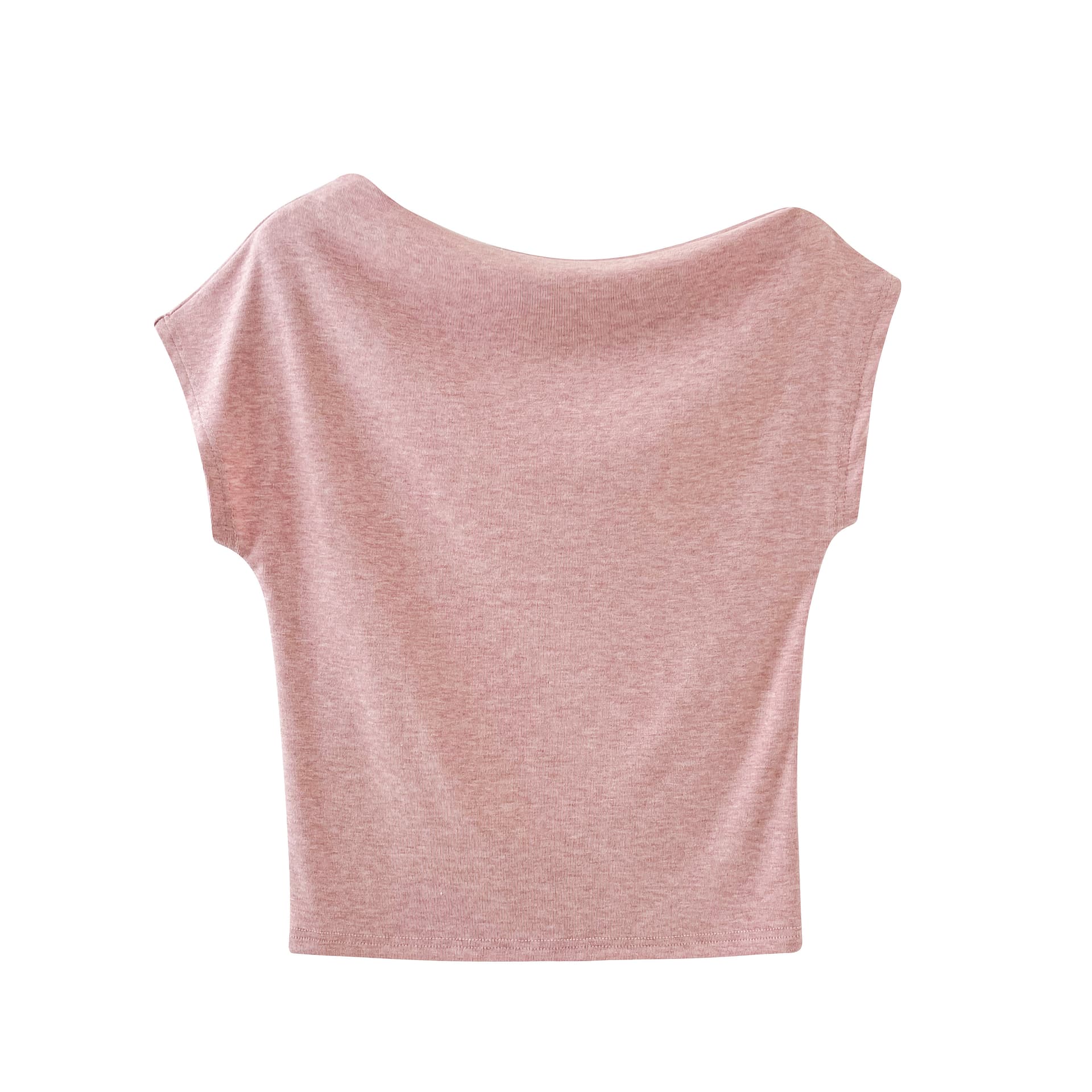 실사 작은 대중 고급 센스 비스듬한 칼라 오프숄더 작은 셔츠 나가라. 맨위 서비스 외국 가스 핑크색 반팔 티셔츠 여성 의류 여름 상세 이미지 2
