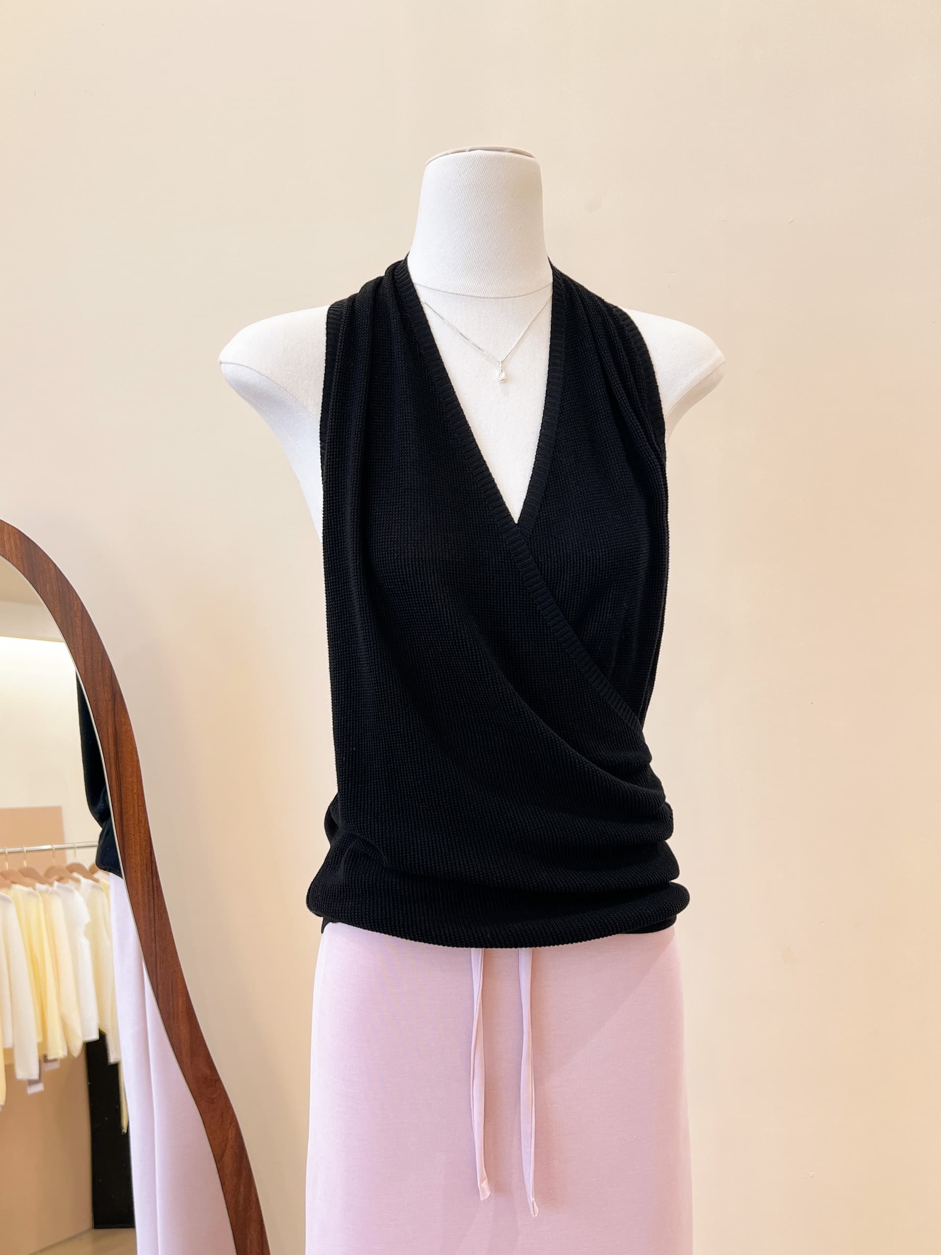 실사 한 부서 행침 목 십자가 V넥 니트 조끼 여성 여름 후아 남편 그리드 측면 트위스트 Pleat 몸매 가꾸기 슬림해 보이는 민소매 맨위 상세 이미지 16