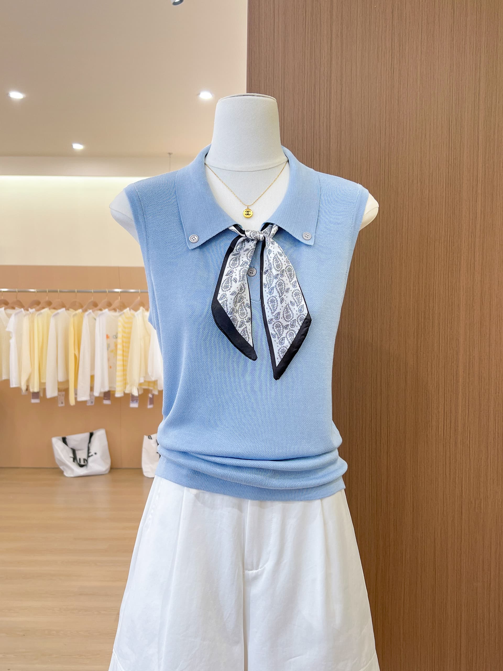 실사 POLO 칼라 경기 스카프 니트 조끼 여성 여름 고급 센스 고유 한 아름다운 민소매 티셔츠 폴로 칼라 맨위 이미지 2