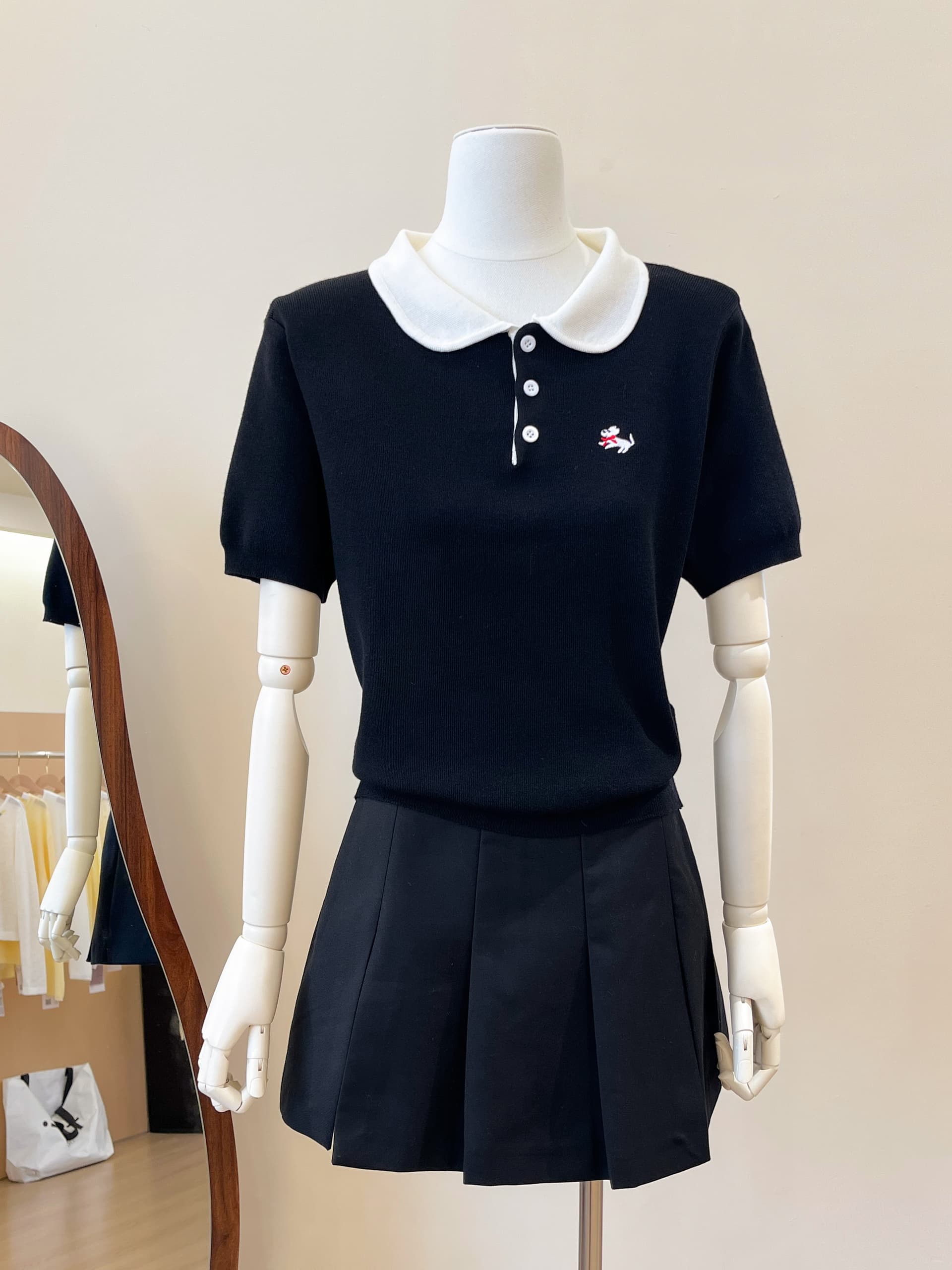 실사 한 부서 학원 스타일 강아지 자수 polo 폴로 칼라 니트 스웨터 반팔 여성 여름 베이비 칼라 긍정적 인 어깨 의류 상세 이미지 3