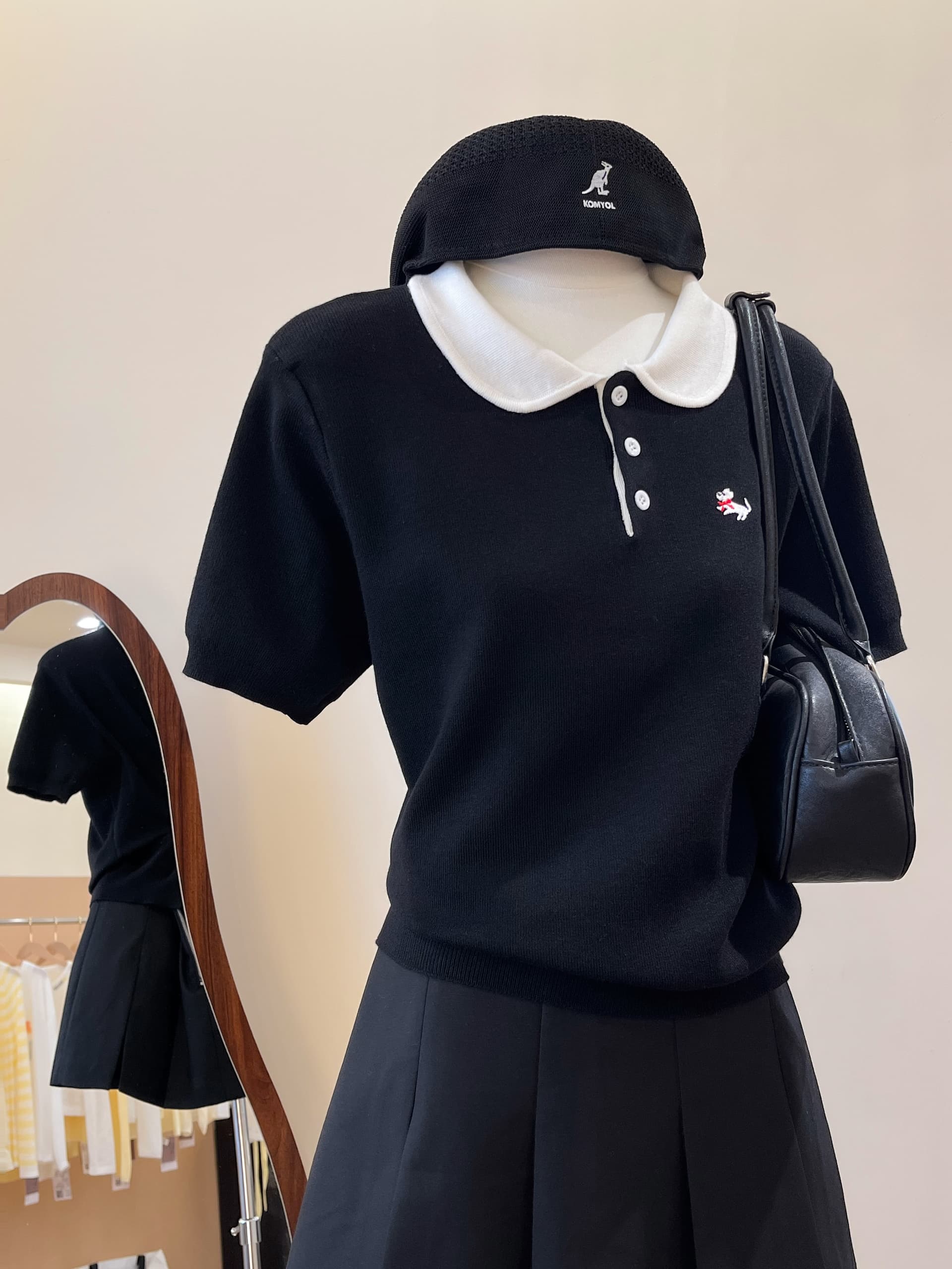 실사 한 부서 학원 스타일 강아지 자수 polo 폴로 칼라 니트 스웨터 반팔 여성 여름 베이비 칼라 긍정적 인 어깨 의류 상세 이미지 5