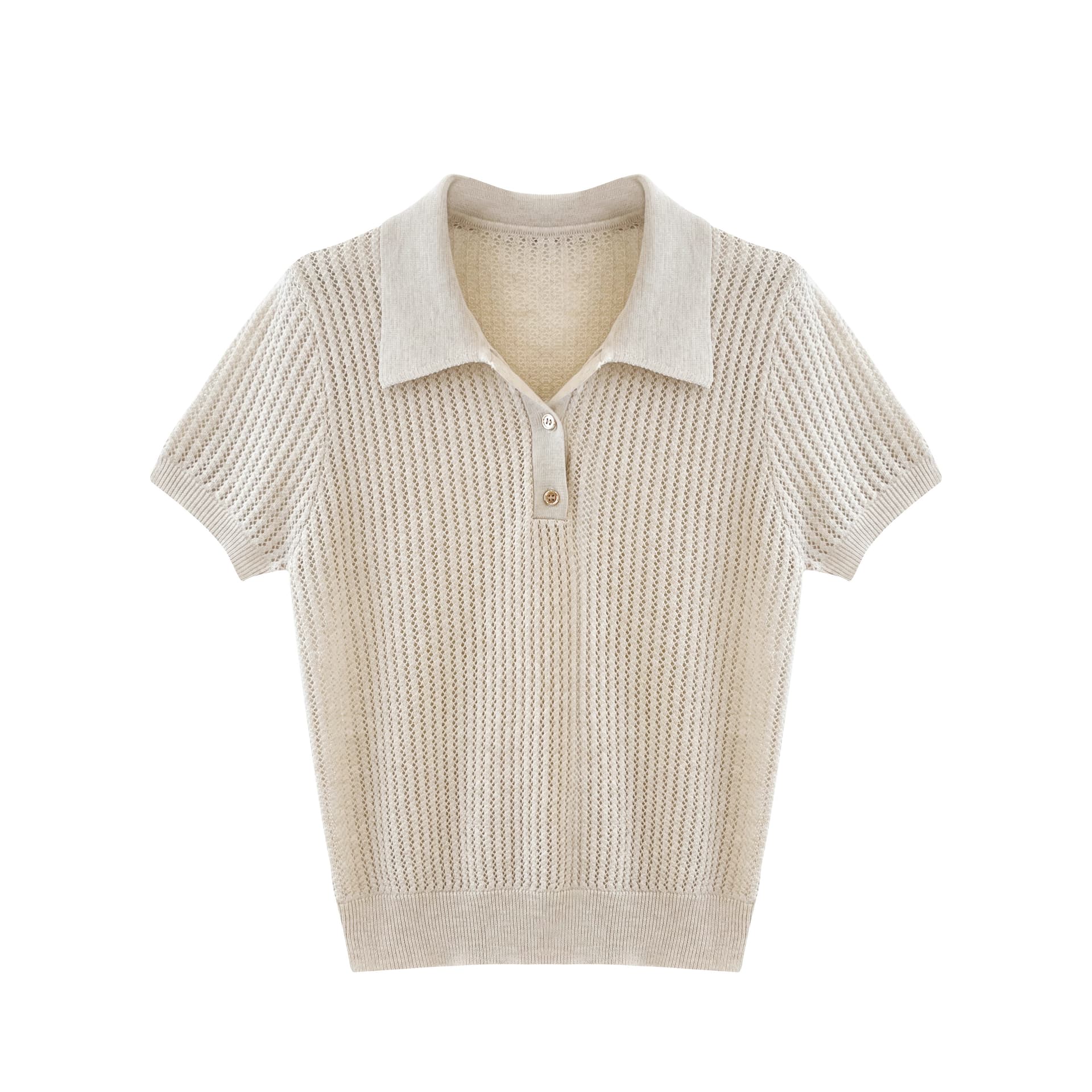 실사 한 부서 품격 POLO 칼라 홀로우 아웃 반팔 티셔츠 여성 여름 몸매 가꾸기 슬림해 보이는 니트 스웨터 긍정적 인 어깨 의류 상세 이미지 2