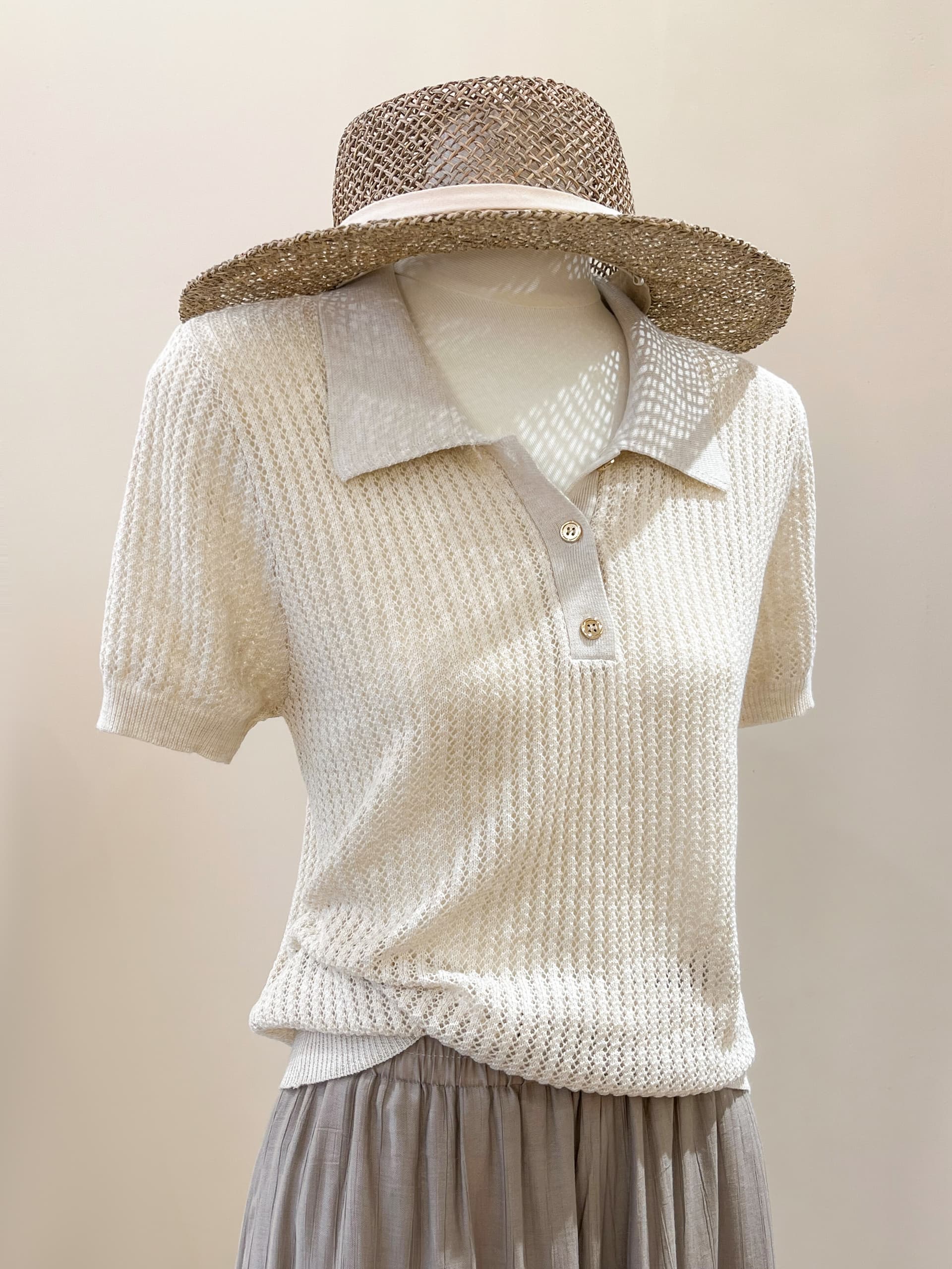 실사 한 부서 품격 POLO 칼라 홀로우 아웃 반팔 티셔츠 여성 여름 몸매 가꾸기 슬림해 보이는 니트 스웨터 긍정적 인 어깨 의류 상세 이미지 6