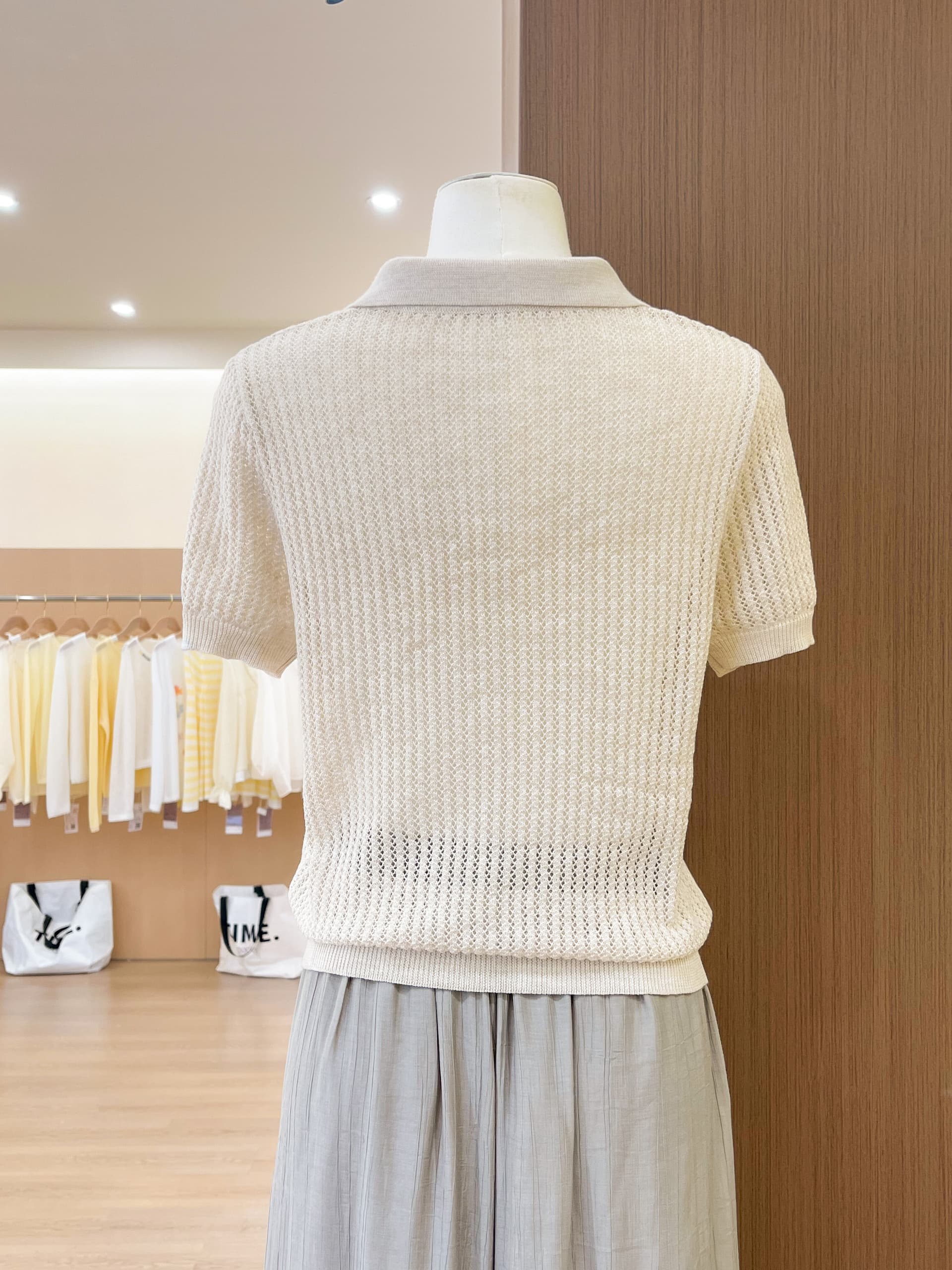 실사 한 부서 품격 POLO 칼라 홀로우 아웃 반팔 티셔츠 여성 여름 몸매 가꾸기 슬림해 보이는 니트 스웨터 긍정적 인 어깨 의류 상세 이미지 11