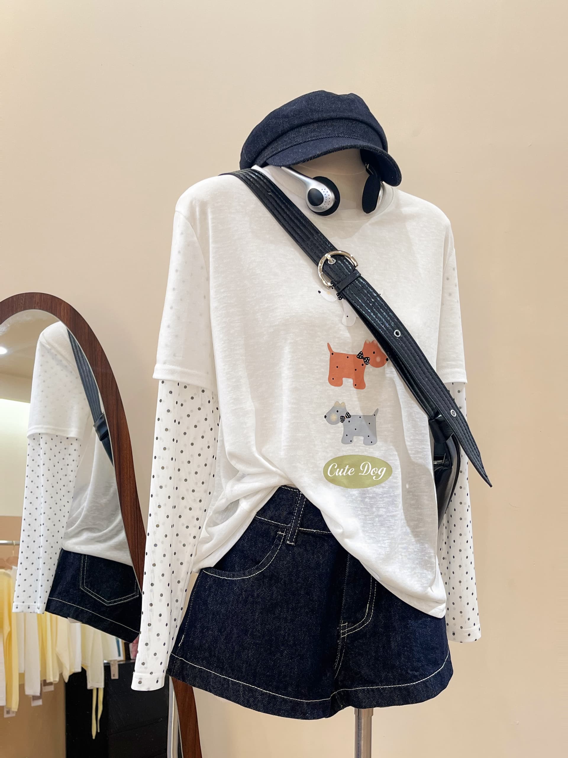 실사 만화 프린트 화이트 눈꽃 면 반팔 패치워크 도트 무늬 긴팔 페이크 레이어드 티셔츠 여성 여름 자외선 차단 블라우스 이미지 5