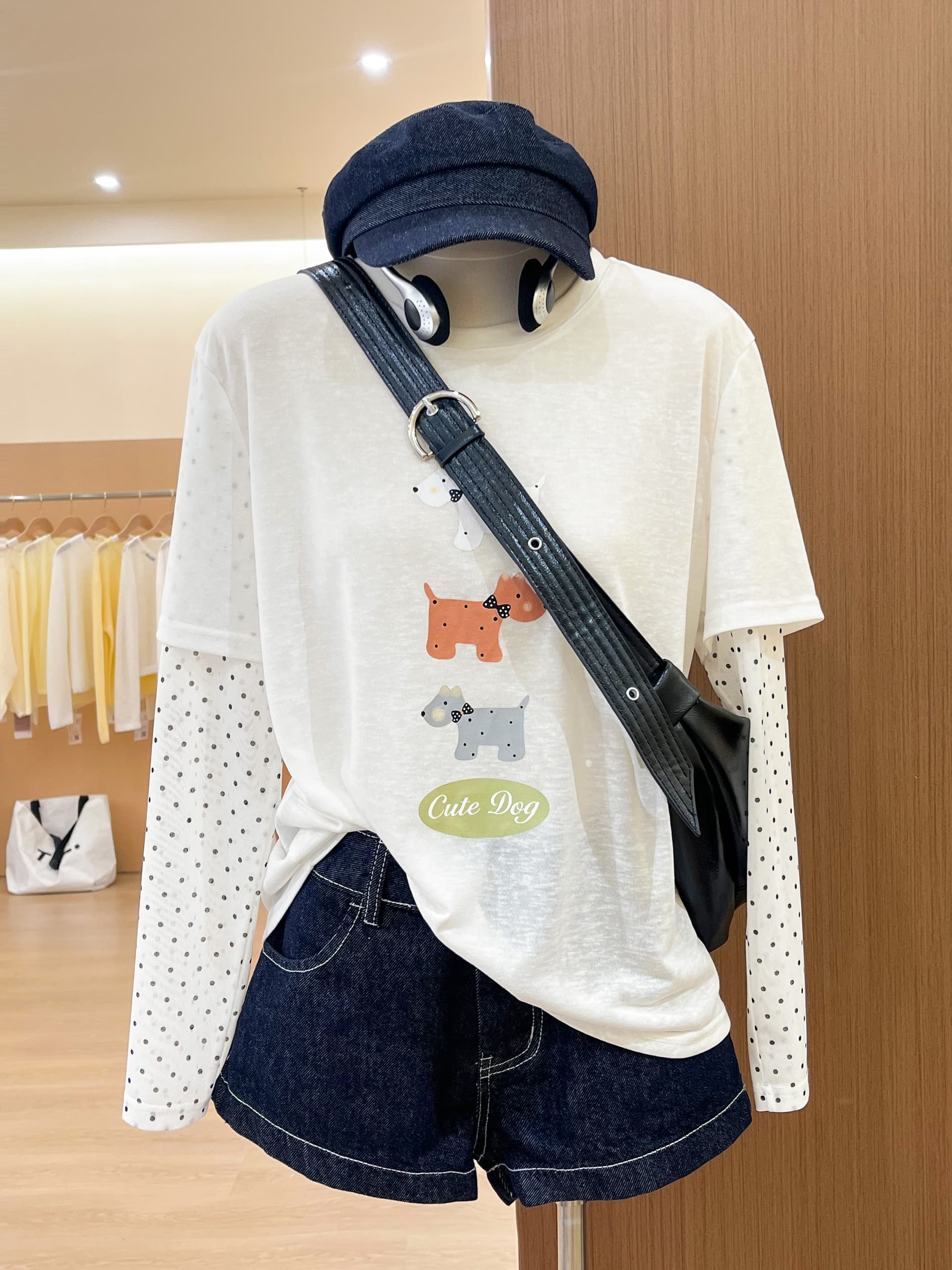 실사 만화 프린트 화이트 눈꽃 면 반팔 패치워크 도트 무늬 긴팔 페이크 레이어드 티셔츠 여성 여름 자외선 차단 블라우스 상세 이미지 9