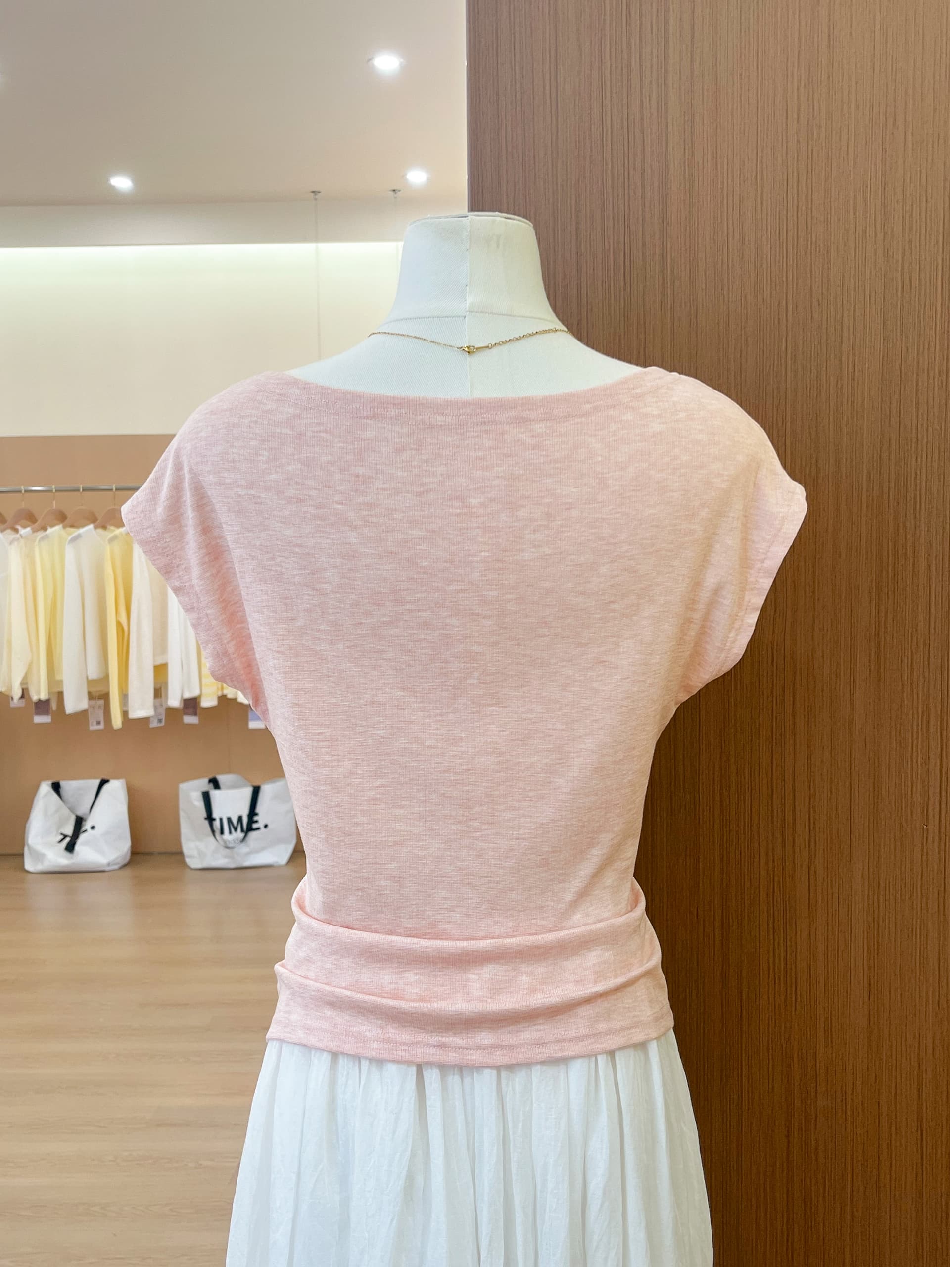 실사 핫걸 바람 보트넥 반팔 티셔츠 여성 여름 디자인 센스 슬림해 보이는 주름 허리 수축 핑크색 다용도 맨위 상세 이미지 8