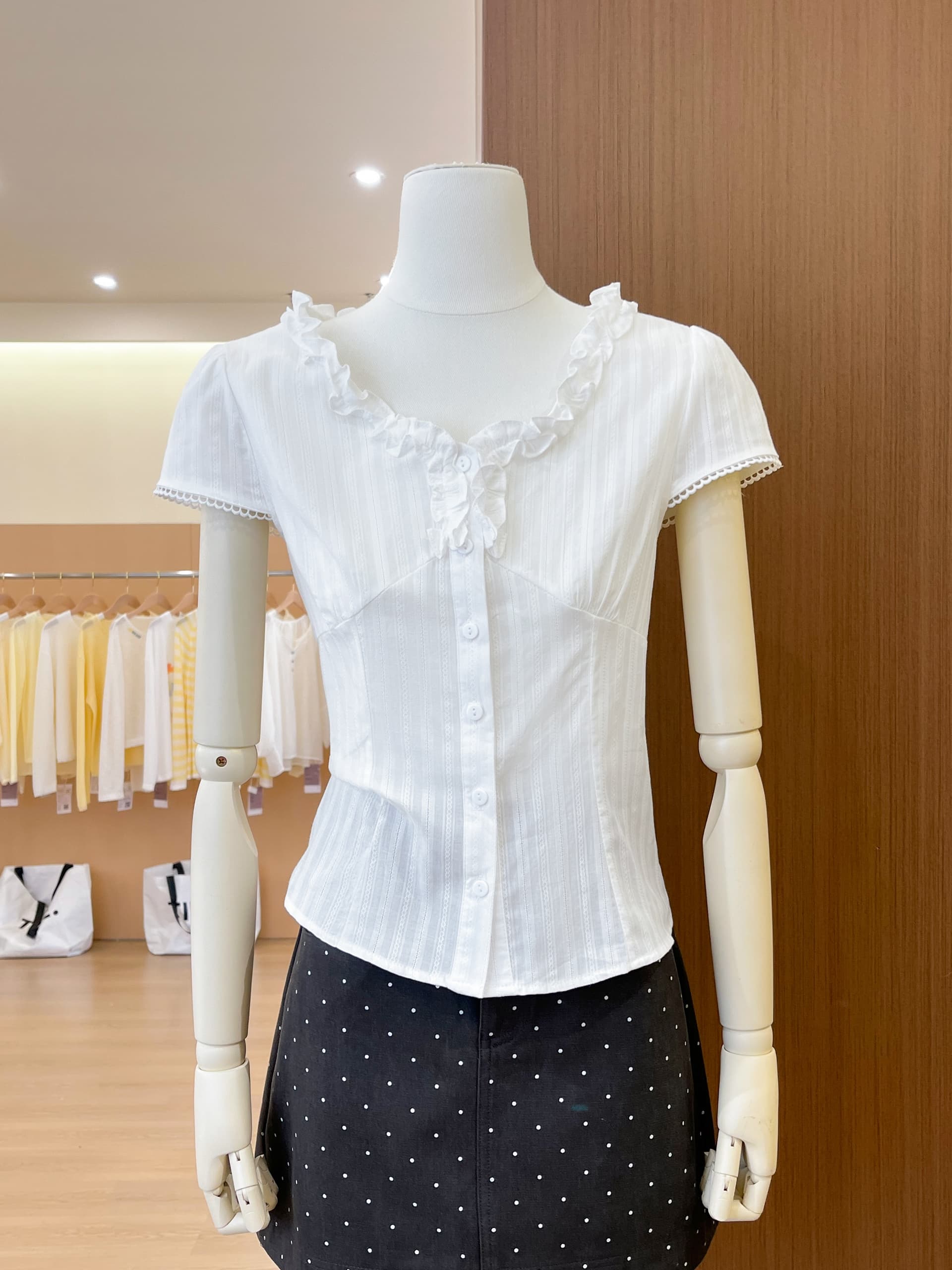 실사 한 부서 자이언트 잘 생긴 프릴 화이트 V넥 반팔 여성 셔츠 여름 새로운 허리 수축 셔츠 맨위 상세 이미지 3