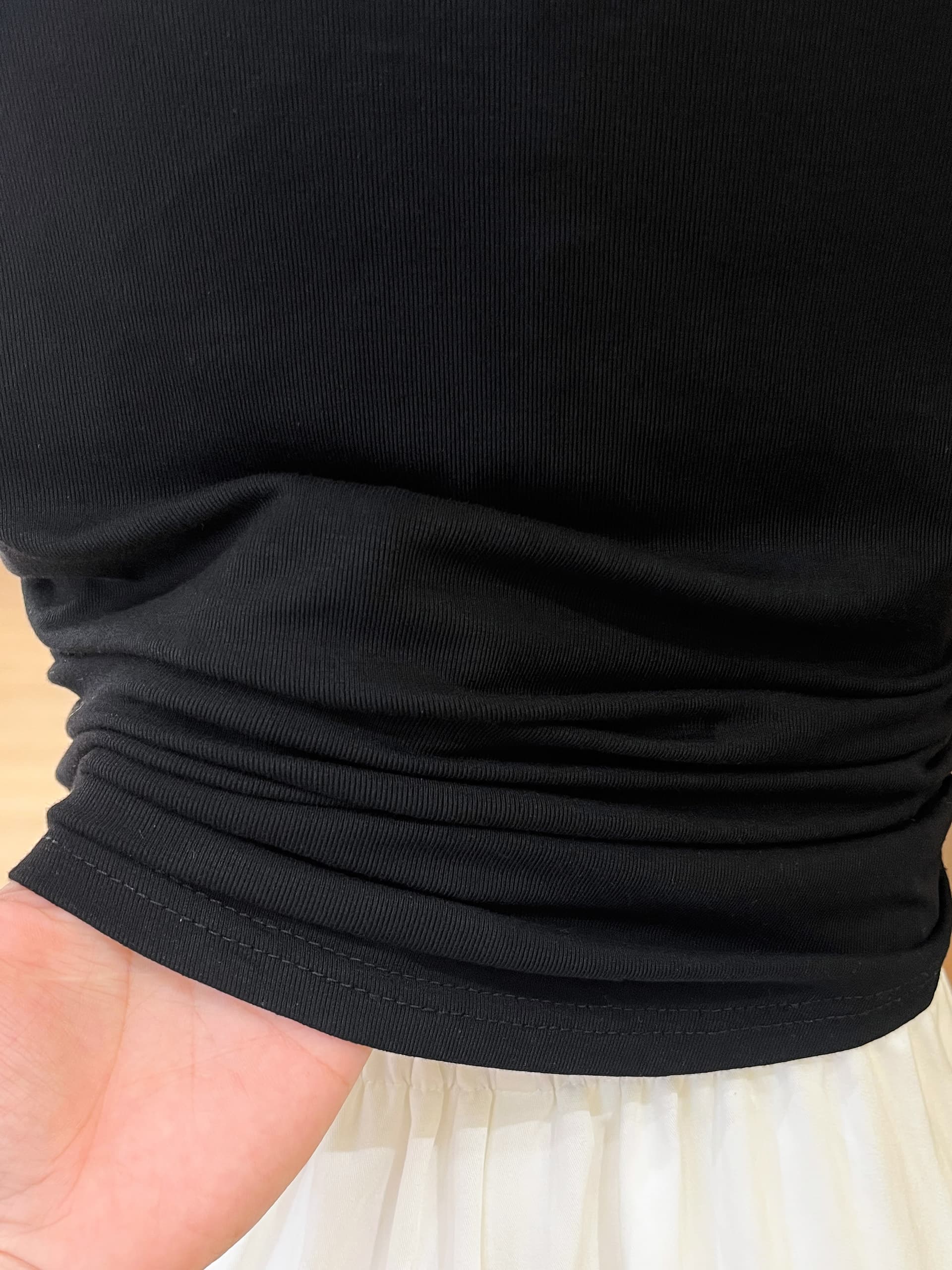 실사 순수한 욕망 바람 u 칼라 긍정적 인 어깨 반팔 티셔츠 여성 여름 대 네클라인 주름 쇼트 스타일 고유 한 꼬집기 허리 위로 의류 상세 이미지 8