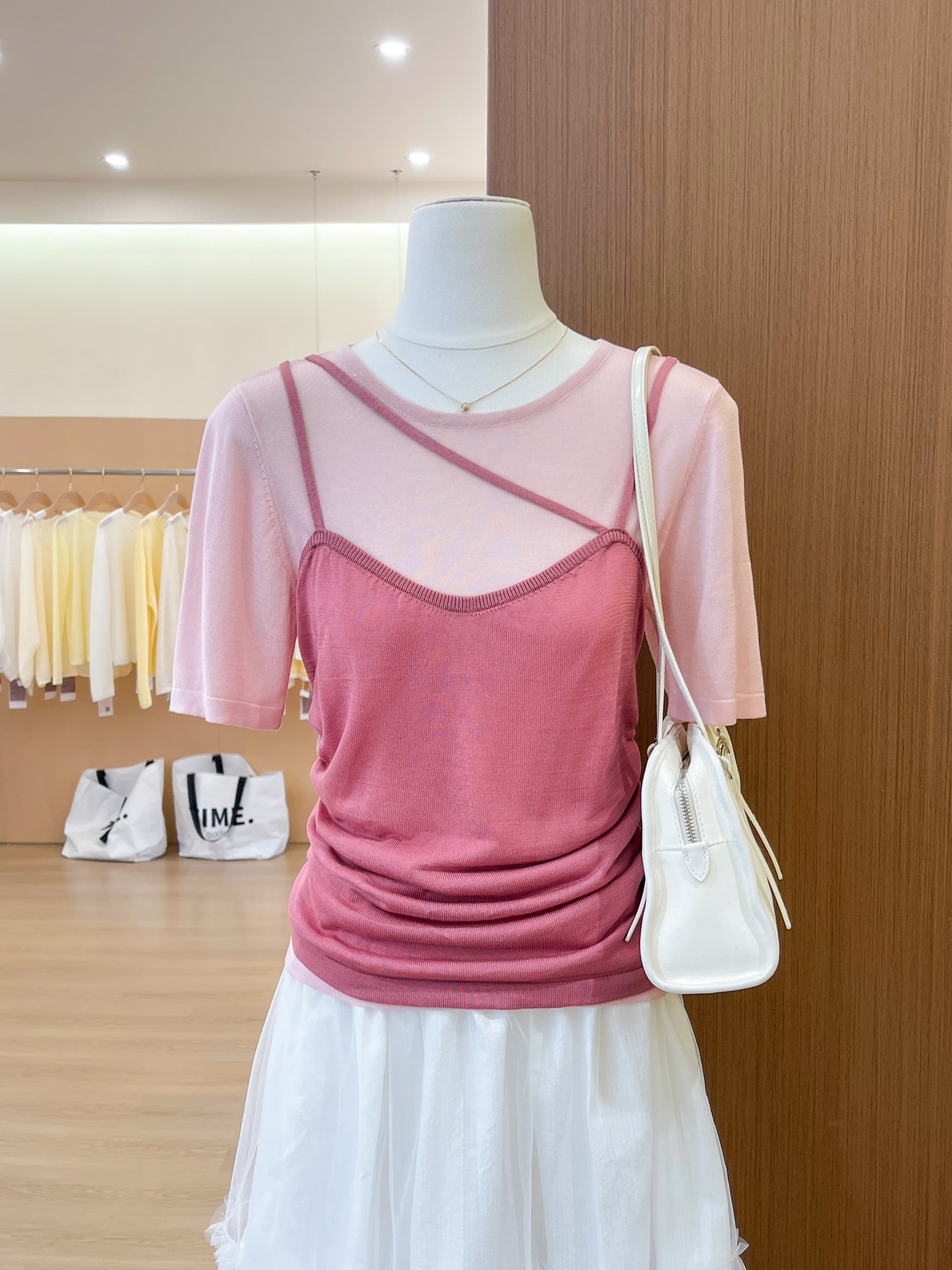 실사 Chic 작은 대중 디자인 페이크 레이어드 캐미솔 라운드 넥 반팔 티셔츠 여성 여름 니트 맨위 이미지 2