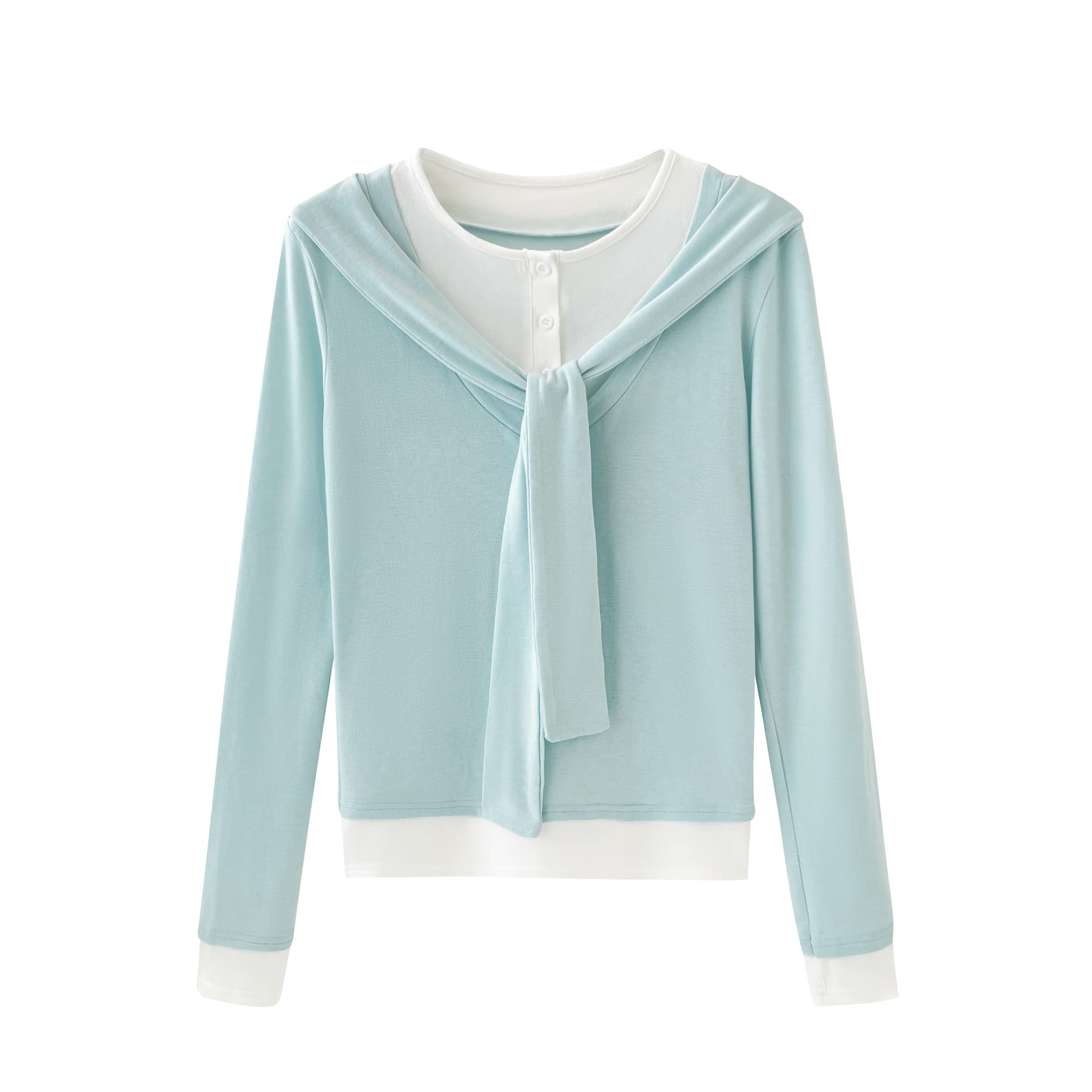 실사 한 부서 파란색 페이크 레이어드 레이스업 긴팔 티셔츠 여성 인사이드 가져 가라. 기본 셔츠 몸매 가꾸기 맨위 상세 이미지 2