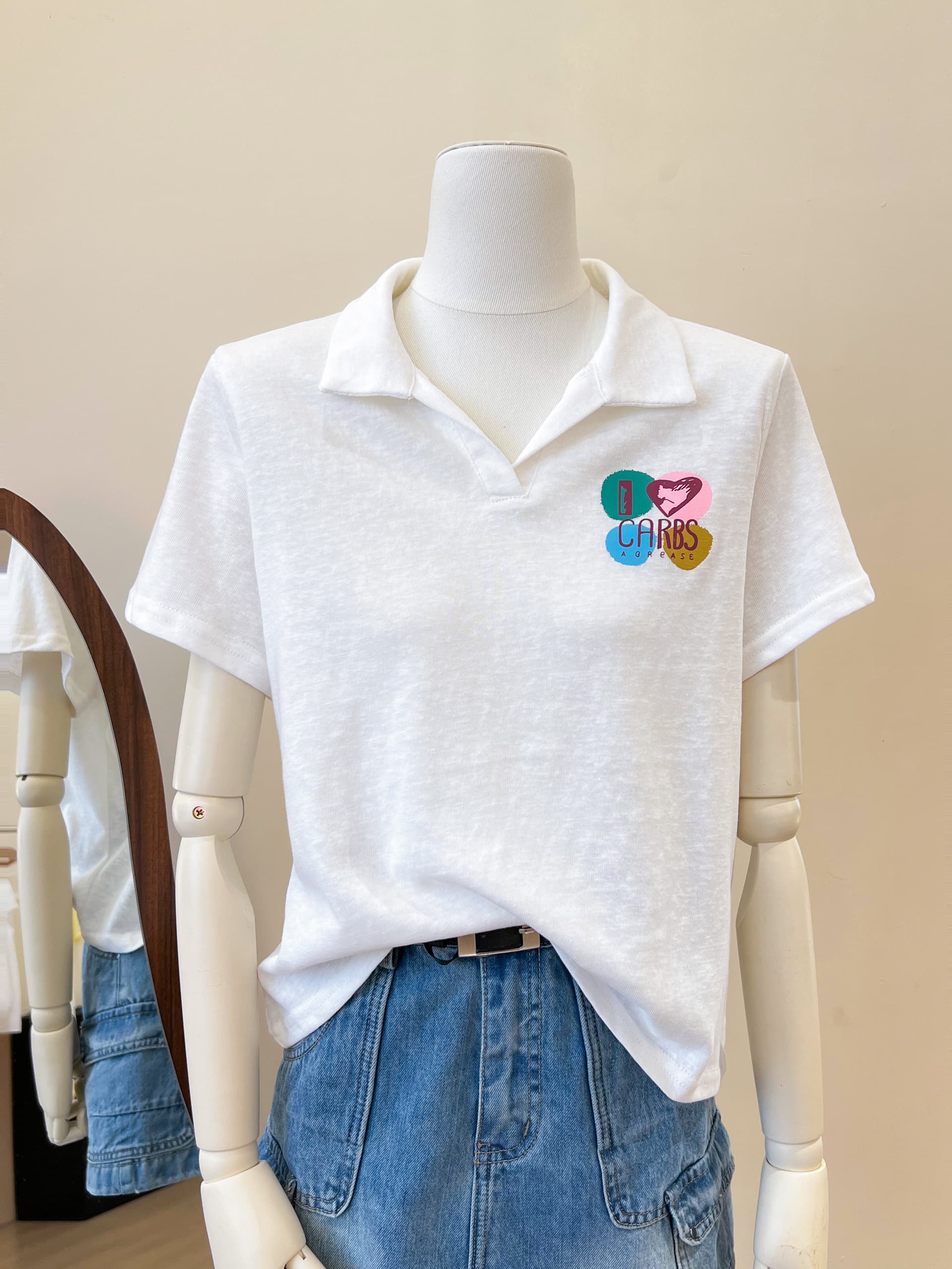 실사 POLO 칼라 유럽 역 폭발 반팔 티셔츠 여성 여름 화이트 프린트 디자인 센스 맨위 이미지 4