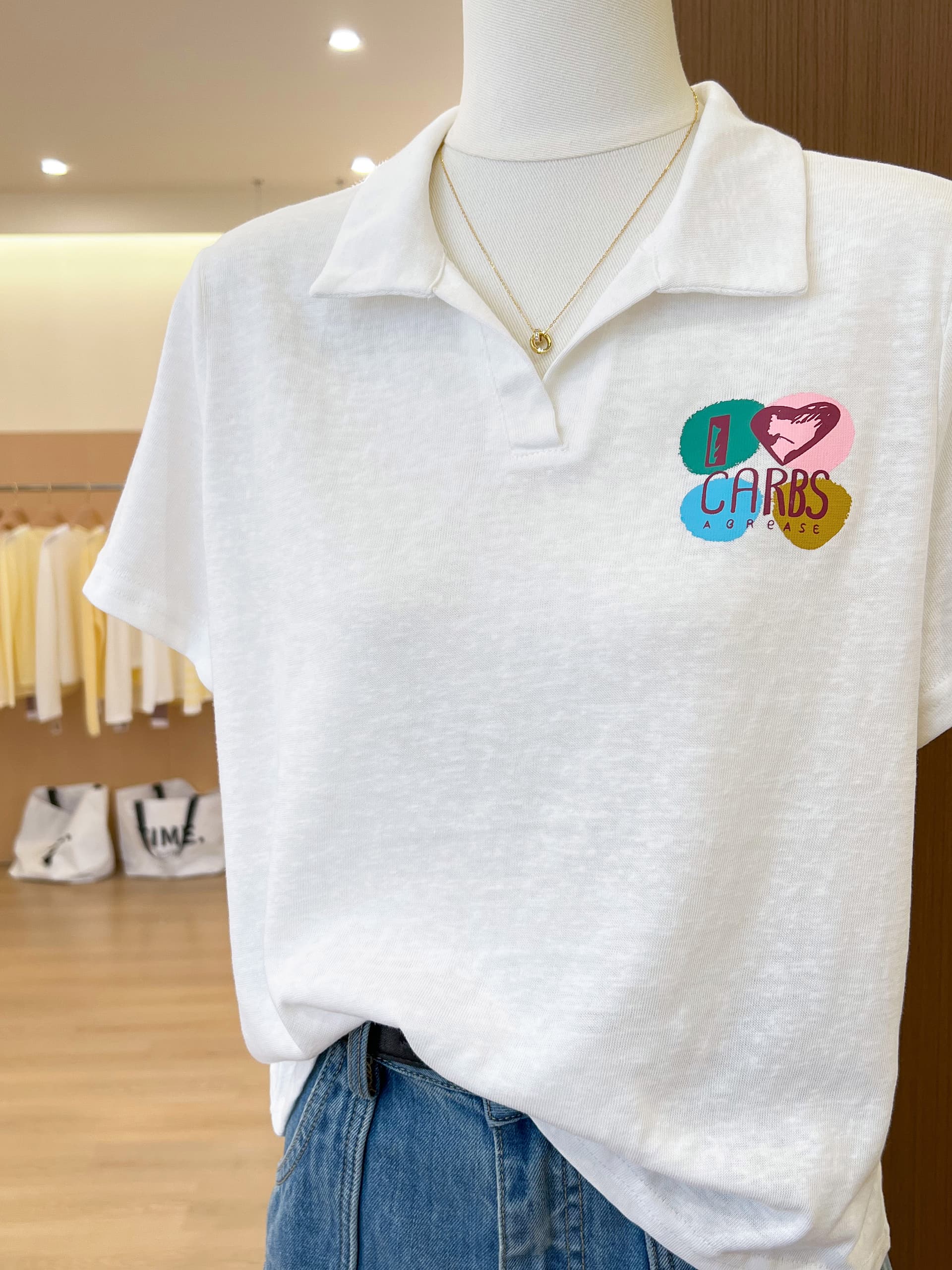 실사 POLO 칼라 유럽 역 폭발 반팔 티셔츠 여성 여름 화이트 프린트 디자인 센스 맨위 이미지 3