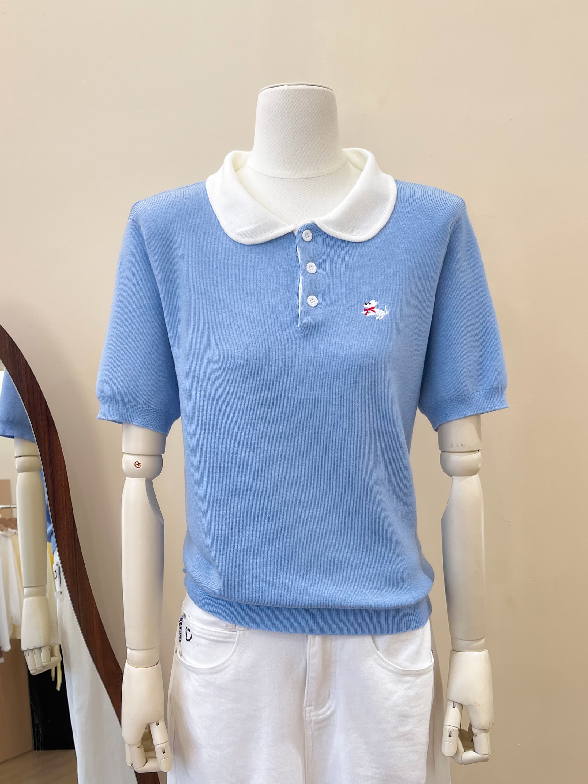 실사 한 부서 polo 강아지 자수 폴로 칼라 얼음 실크 니트 반팔 티셔츠 여성 2026 여름 인형 셔츠 맨위 상세 이미지 3