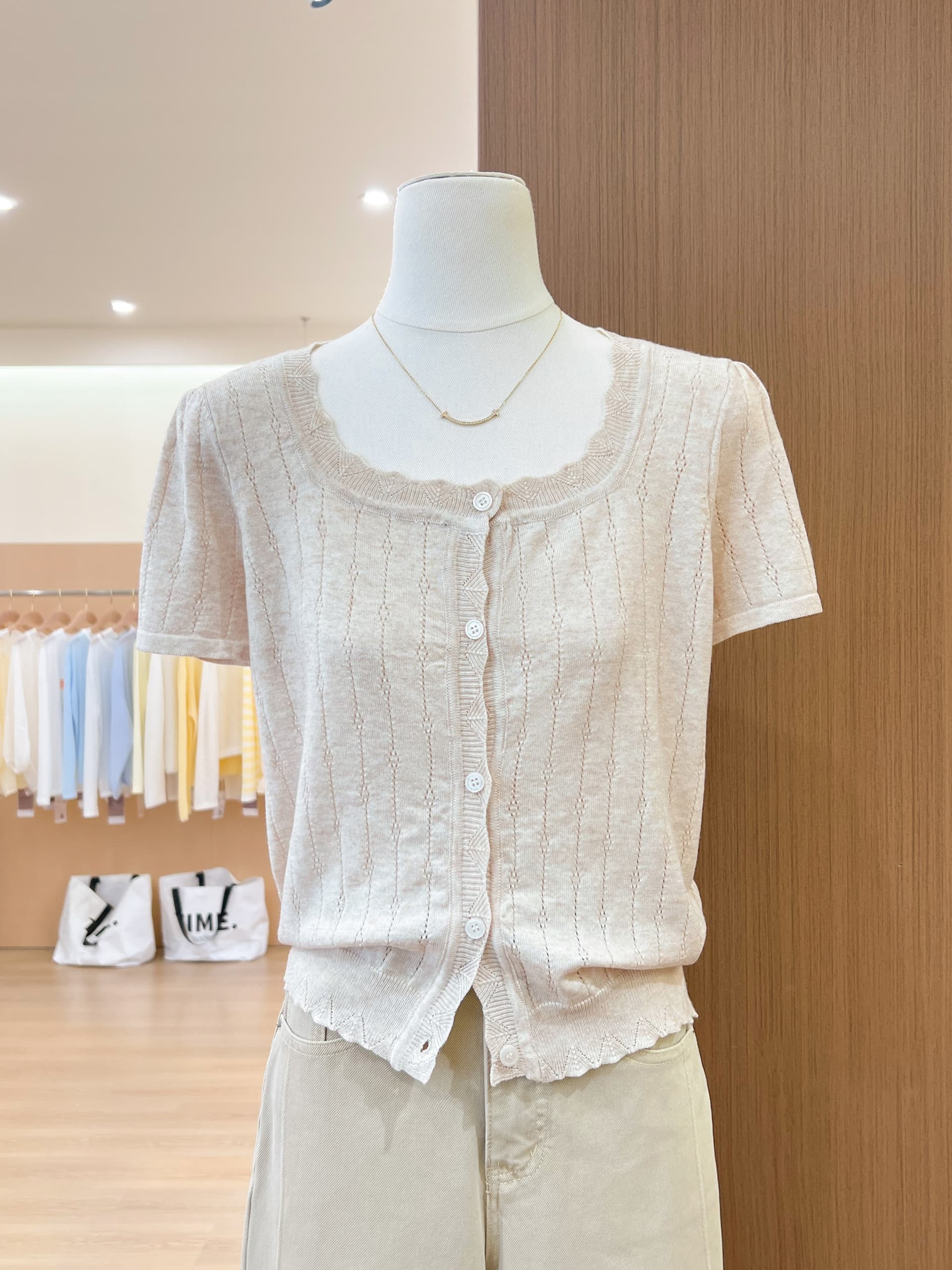 실사 한 부서 달콤한 스타일 베이비 칼라 홀로우 아웃 반팔 니트 오픈 가디건 여성 여름 다용도 루즈핏 슬림해 보이는 얇은 맨위 이미지 3